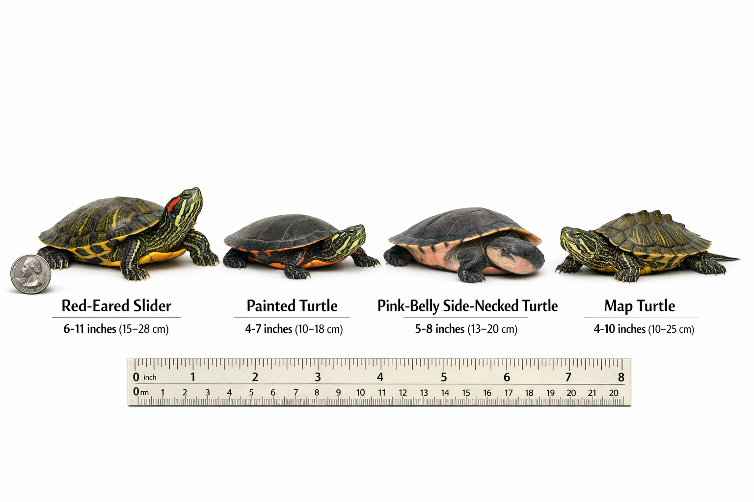 Comparative visual showing different popular aquatic turtle species side by side - red-eared slider, painted turtle, pink-belly side-necked