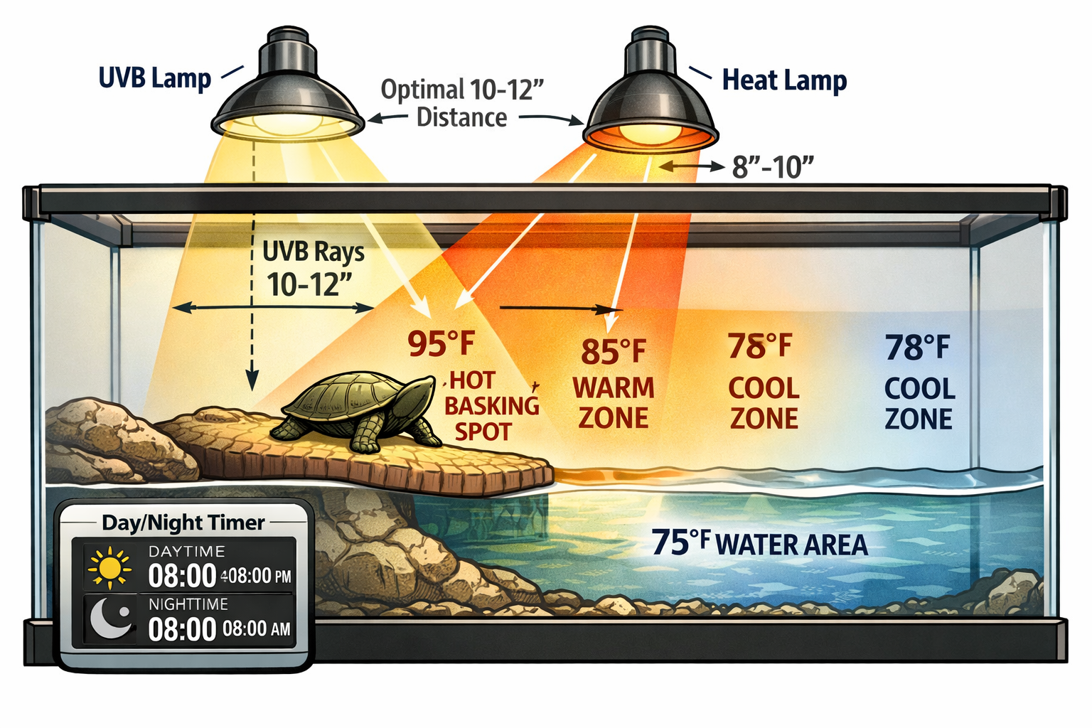 Indoor lighting setup diagram showing proper UVB lamp positioning over turtle basking area, heat gradient visualization with temperature zon