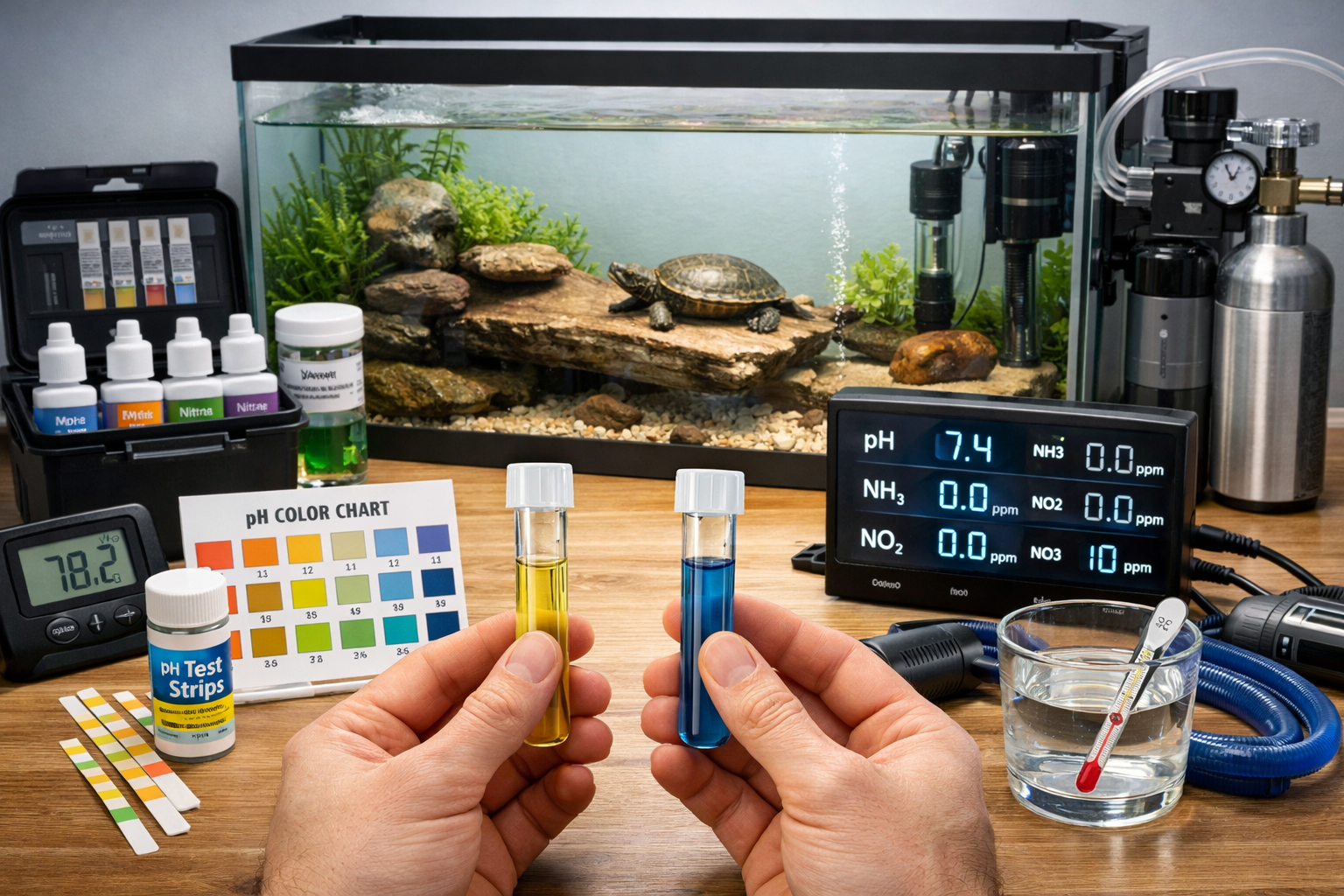 Water quality testing scene with aquarium test kit, pH strips, thermometer, and filtration equipment arranged around clean turtle tank. Hand