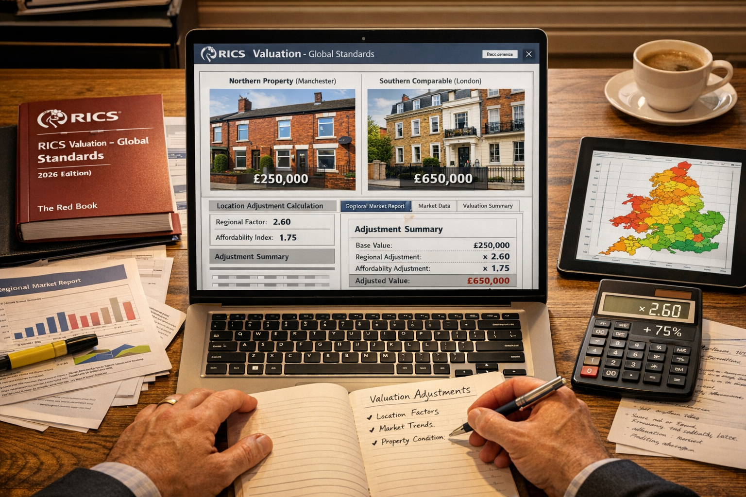 Detailed () image showing professional valuation adjustment methodology workspace. Central focus on open laptop displaying