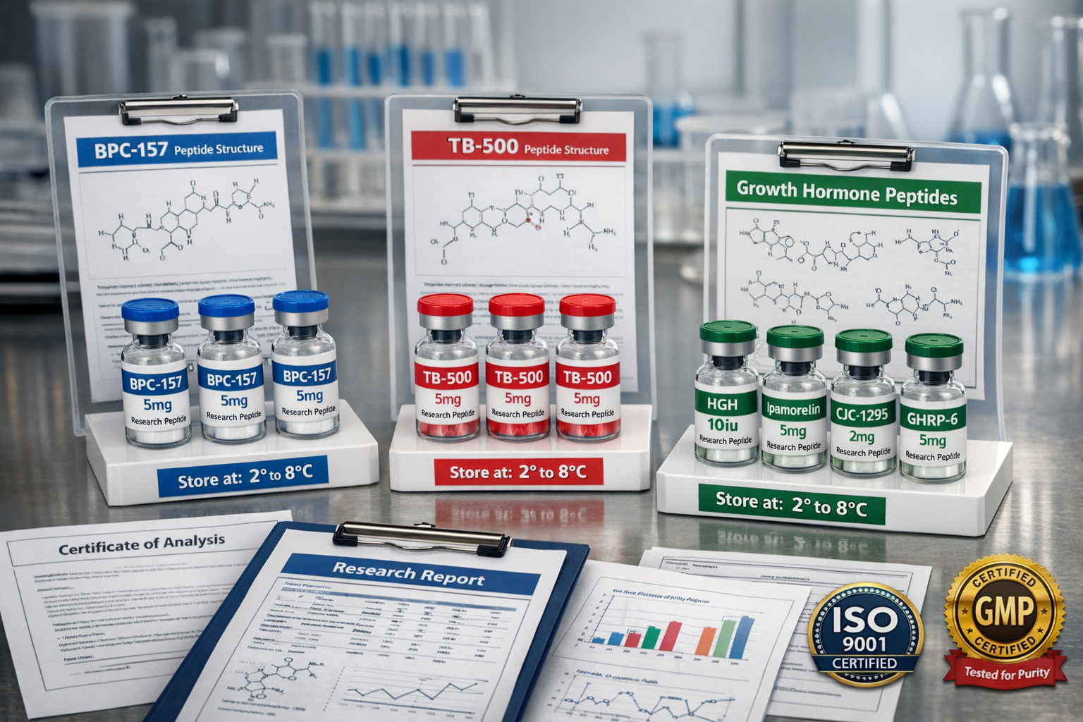 Organized display of various research peptide categories including BPC-157, TB-500, and growth hormone peptides in properly labeled vials, a