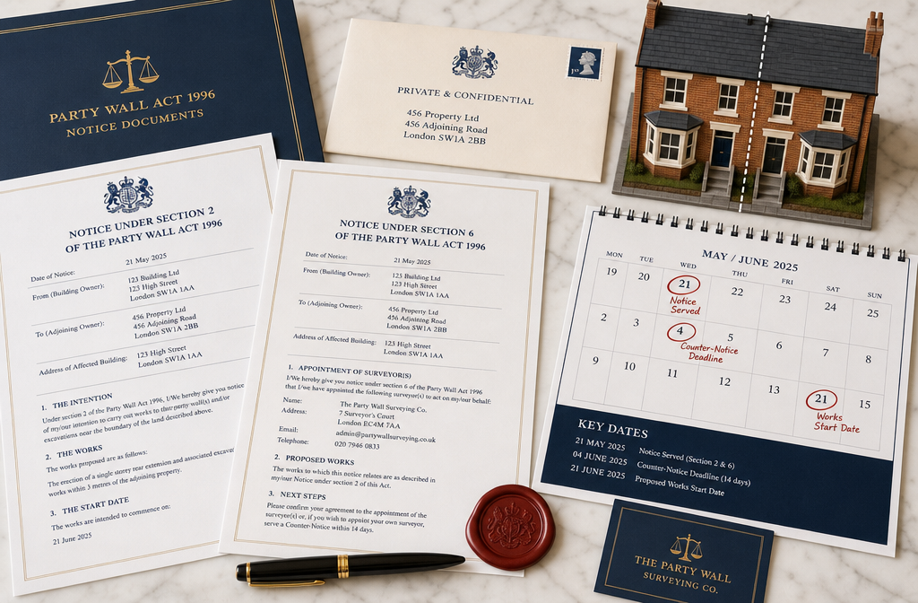 Wide-angle () showing a close-up flat-lay of official Party Wall Act notice documents, a formal letter envelope, a red wax