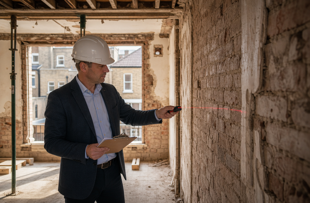 () depicting a professional party wall surveyor in a hard hat and business attire standing inside a partially demolished