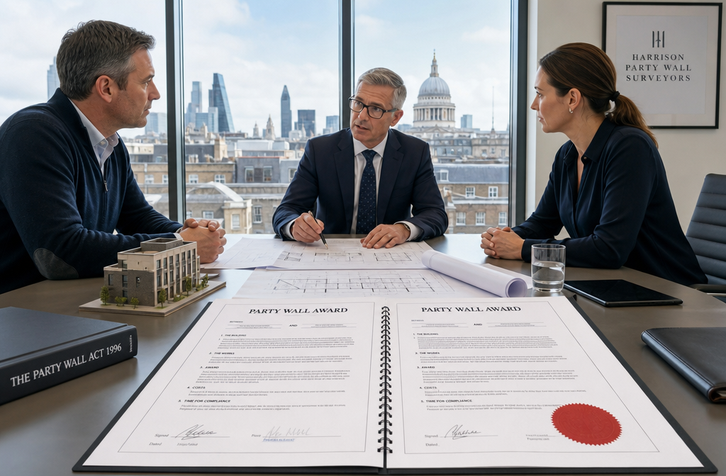 () showing a formal mediation-style meeting between two property owners and a neutral party wall surveyor at a modern