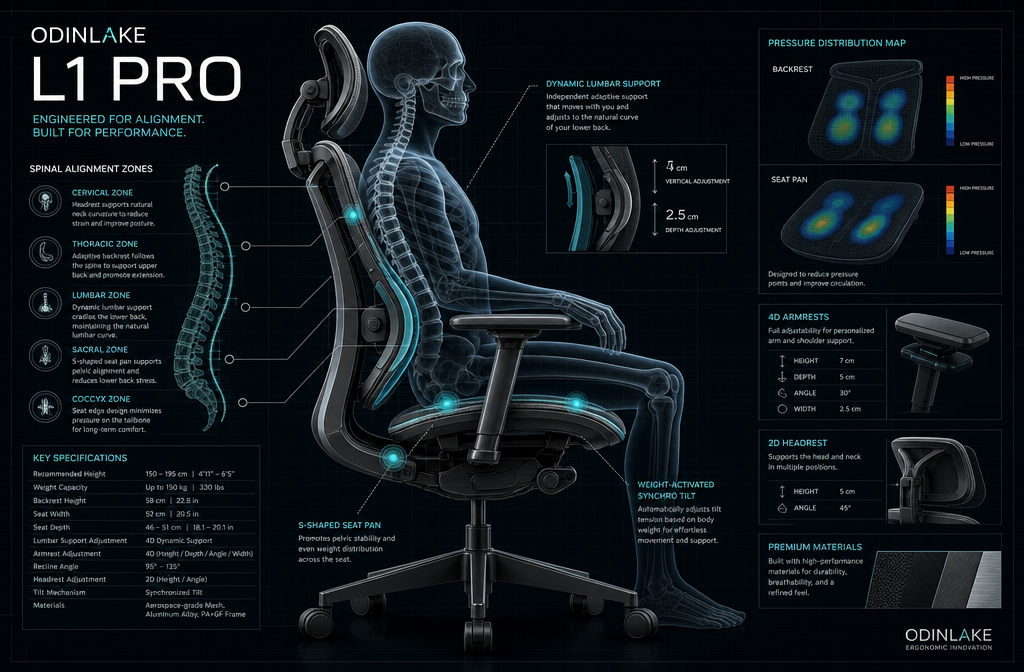 Detailed landscape format (1536x1024) showing a close-up biomechanical diagram overlay on the OdinLake L1 Pro ergonomic chair, illustrating spinal alignment zones, lumbar support curve, and pressure distribution points with labeled callouts in clean sans-serif typography, dark background with teal and white accent lines, technical blueprint aesthetic, editorial quality