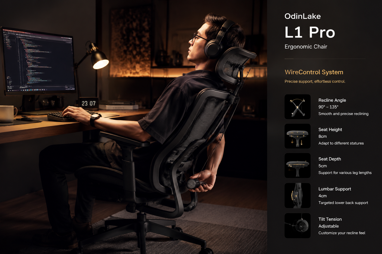 Landscape format (1536x1024) split-composition showing a developer/programmer seated in the OdinLake L1 Pro chair mid-recline using the WireControl adjustment system, one hand on a mechanical keyboard, screen showing code, warm desk lamp lighting on left, product feature callout labels on right side, realistic office environment, professional photography style