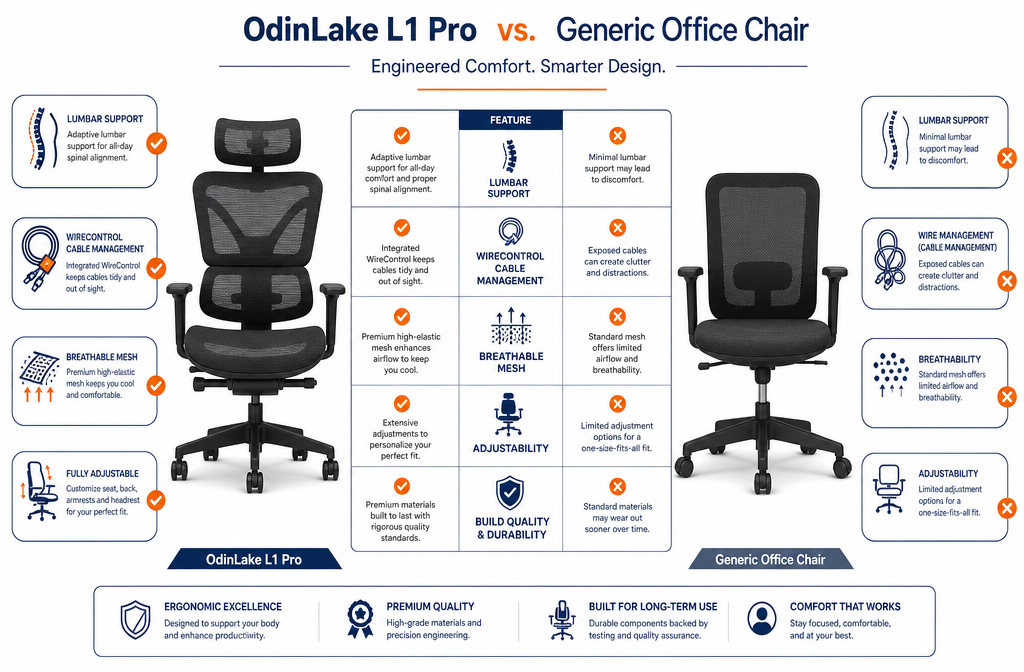 Landscape format (1536x1024) showing a flat-lay comparison table visualization: OdinLake L1 Pro chair silhouette on left versus generic office chair silhouette on right, with floating feature badges (lumbar support, WireControl, breathable mesh, adjustability icons) arranged symmetrically, clean white background with navy and orange accent colors, infographic editorial style