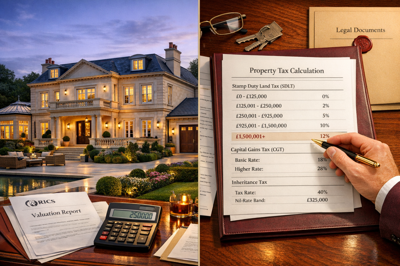 () professional scene showing high-value property exterior worth £2+ million with elegant architectural details,