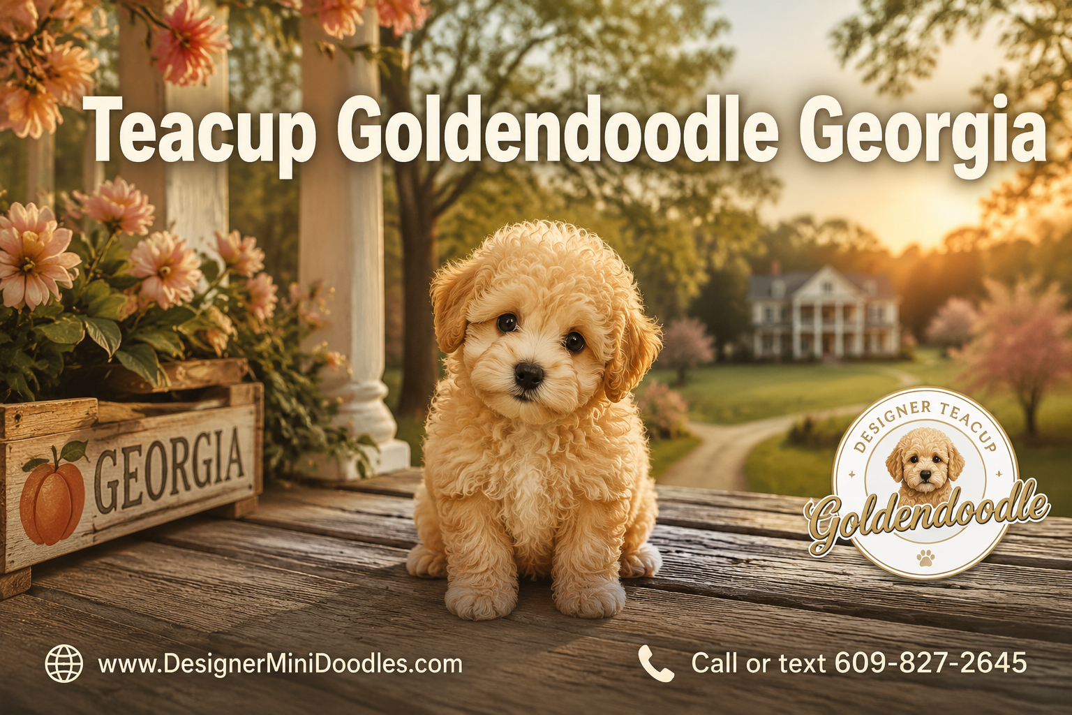 Professional () editorial hero image with : 'Teacup Goldendoodle Georgia', centered upper third. Background: a tiny apricot