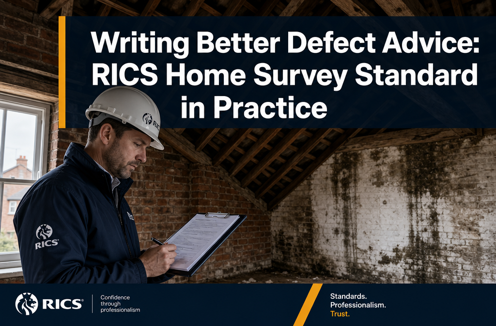 Professional () hero image with : 'Writing Better Defect Advice: RICS Home Survey Standard in Practice' in extra large white