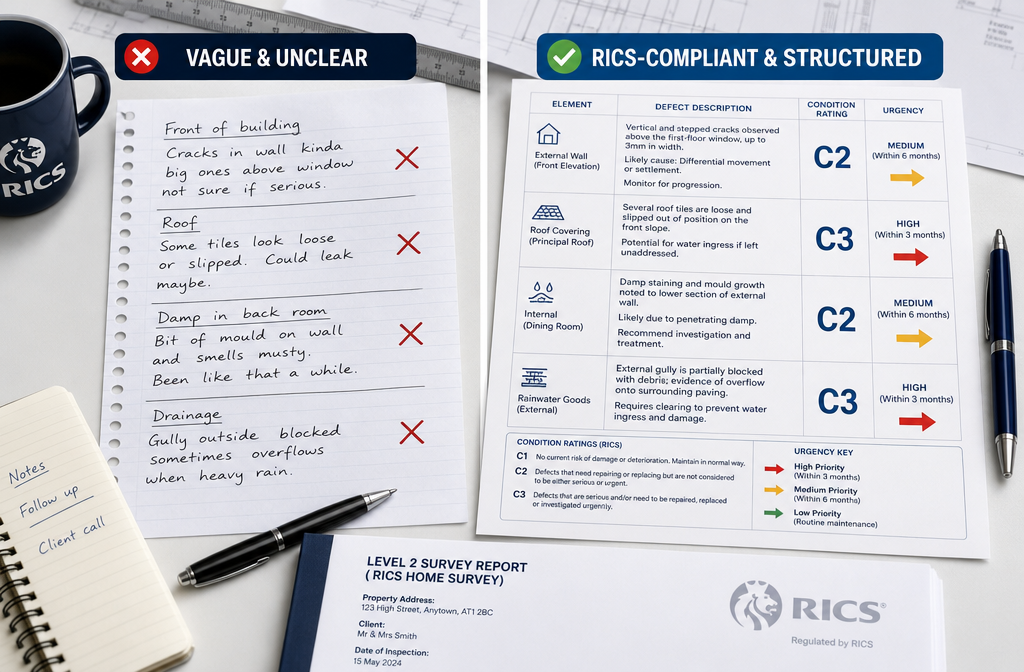 () editorial illustration showing a split-screen comparison: on the left, a vague handwritten defect note with red X marks