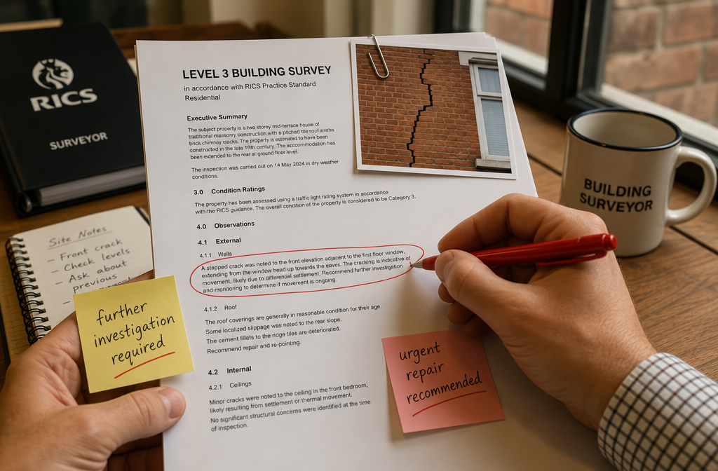 () close-up editorial photograph of a surveyor's hands annotating a Level 3 building survey report at a desk, red pen