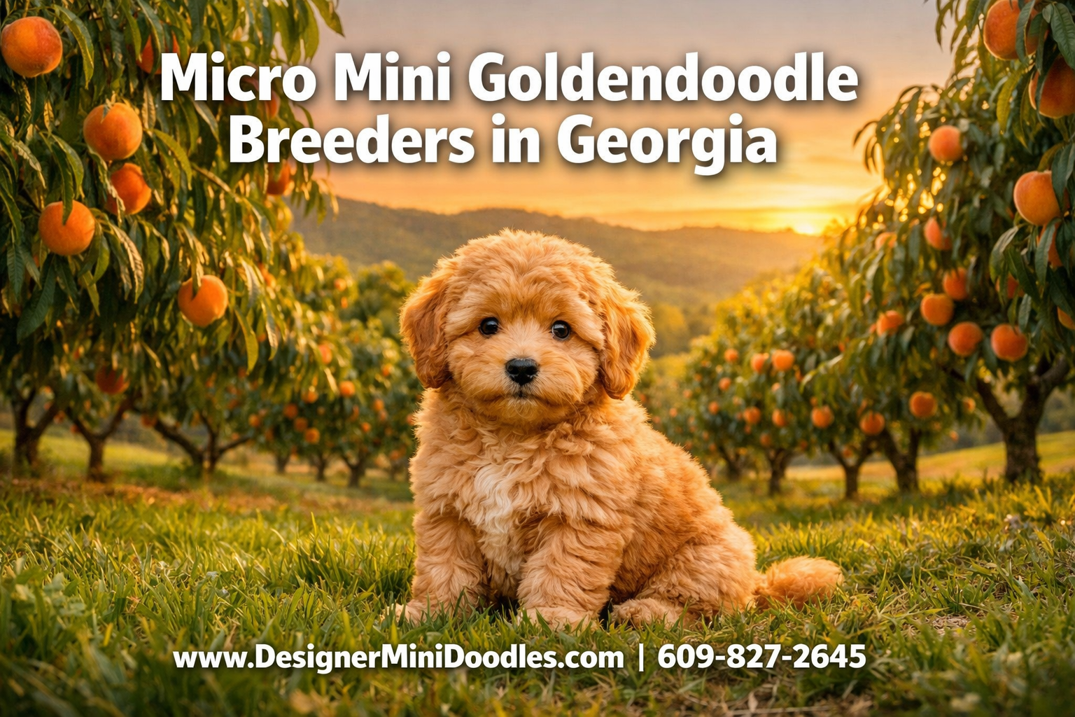 Professional () hero image with : 'Micro Mini Goldendoodle Breeders in Georgia' in extra large white with deep effect,