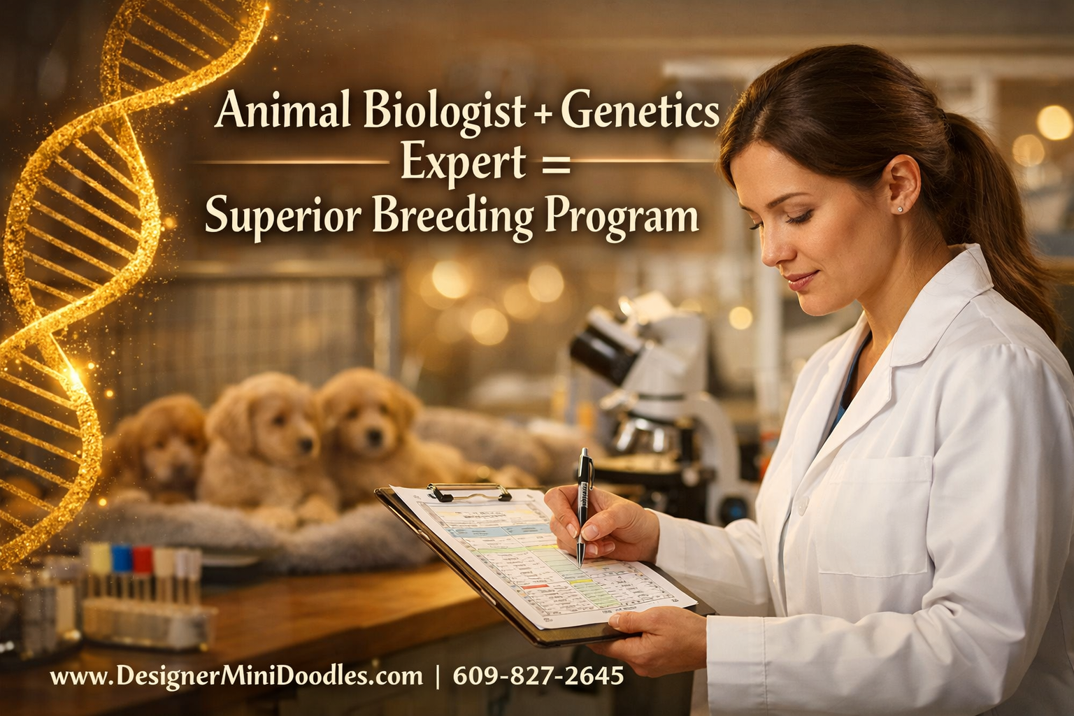 () showing a professional animal biology laboratory setting with a female scientist in a white coat examining goldendoodle