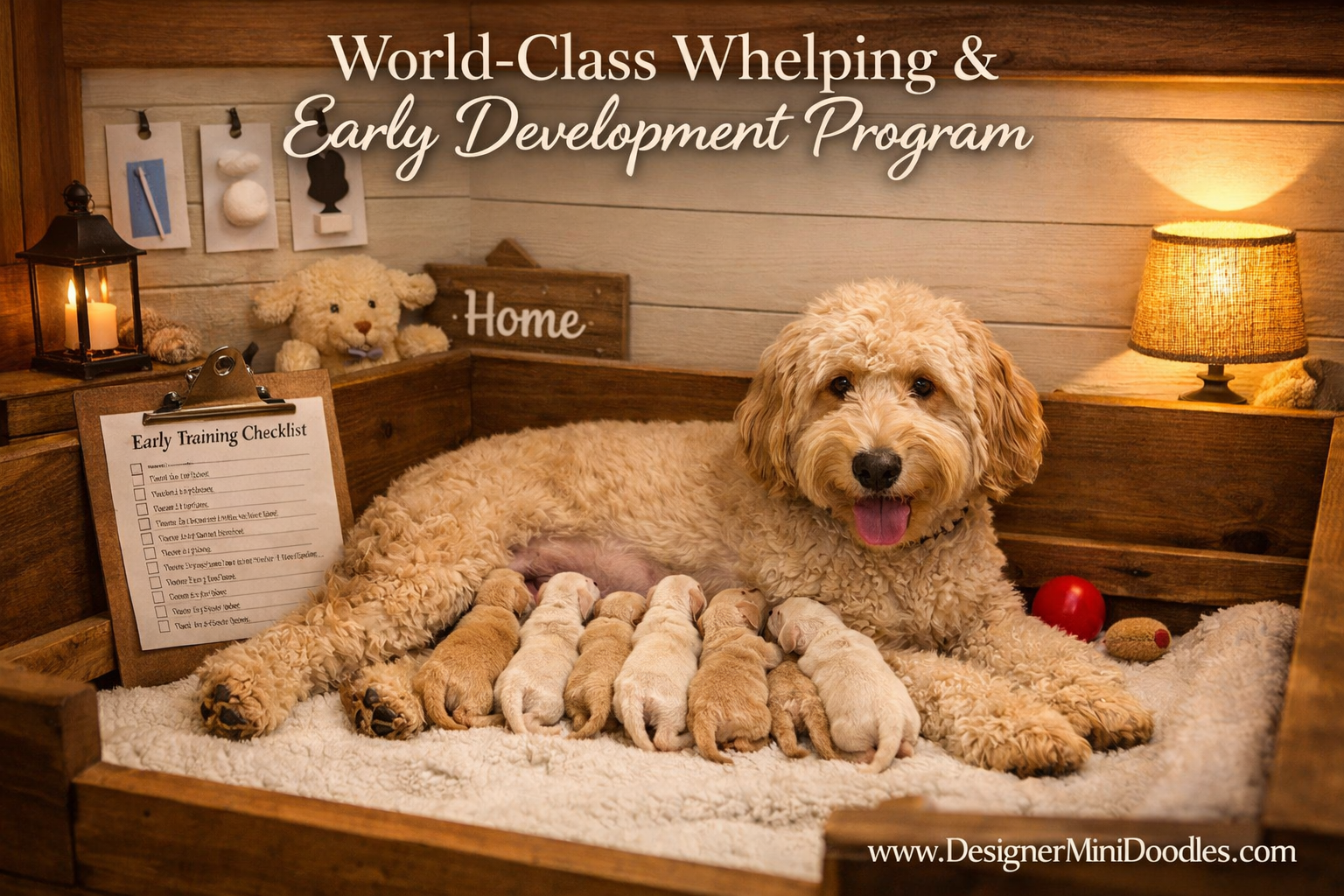 () showing a cozy Georgia-style whelping room with a mother goldendoodle nursing micro mini puppies in a clean,