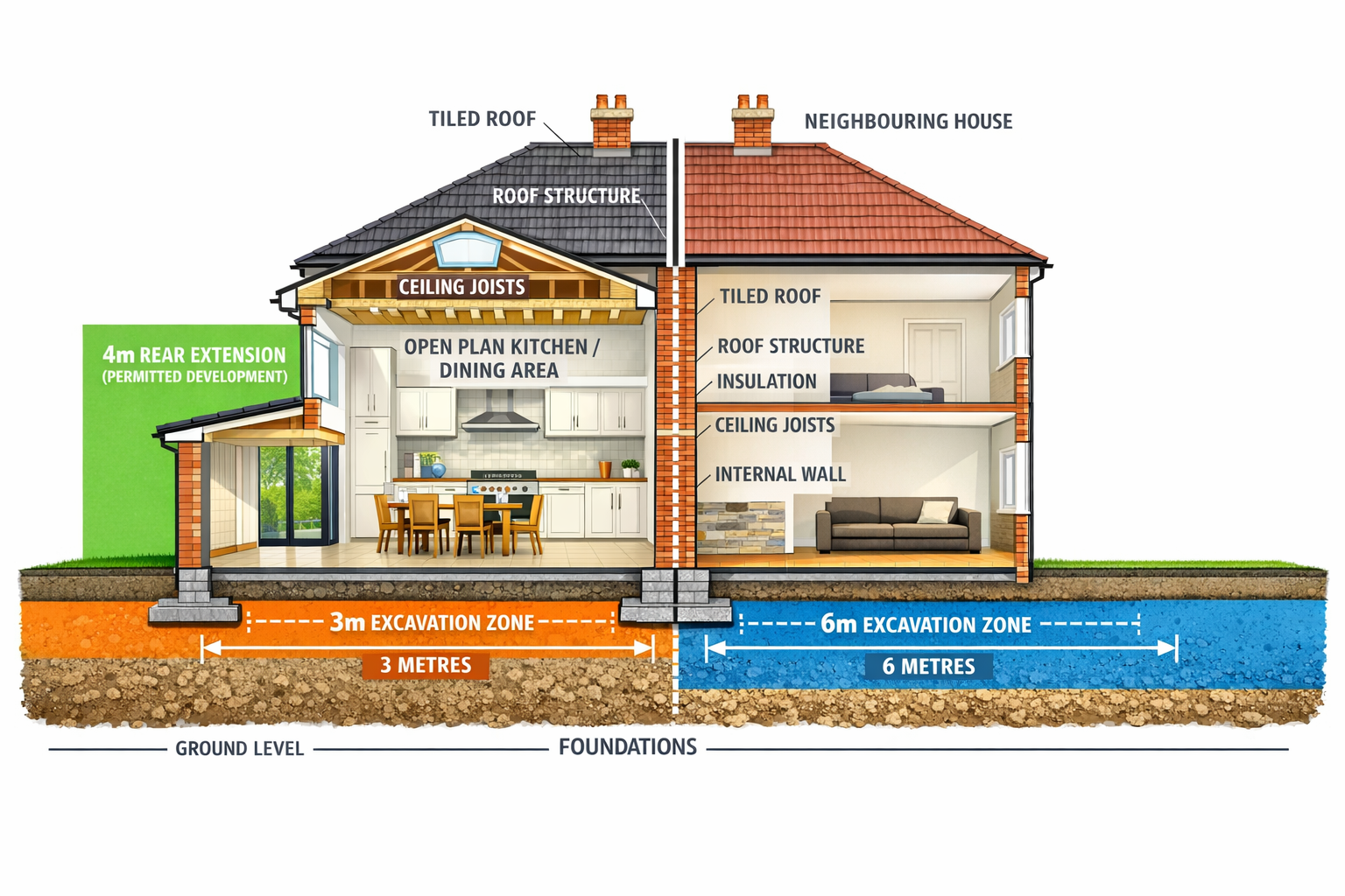 Detailed () architectural cross-section illustration showing semi-detached house with kitchen extension, clearly labeled