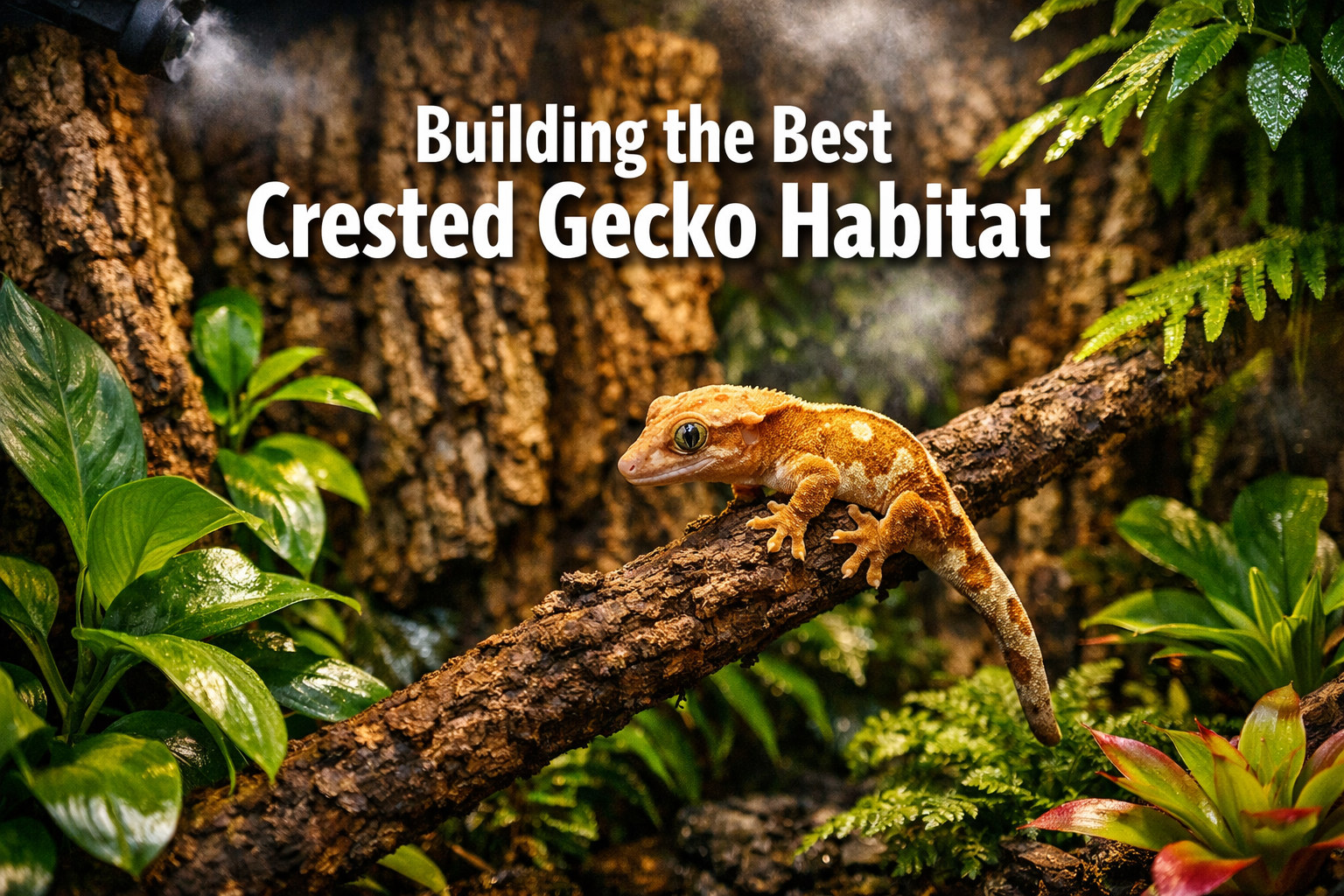 Professional landscape format (1536x1024) hero image featuring bold text overlay 'Building the Best Crested Gecko Habitat' in extra large 72