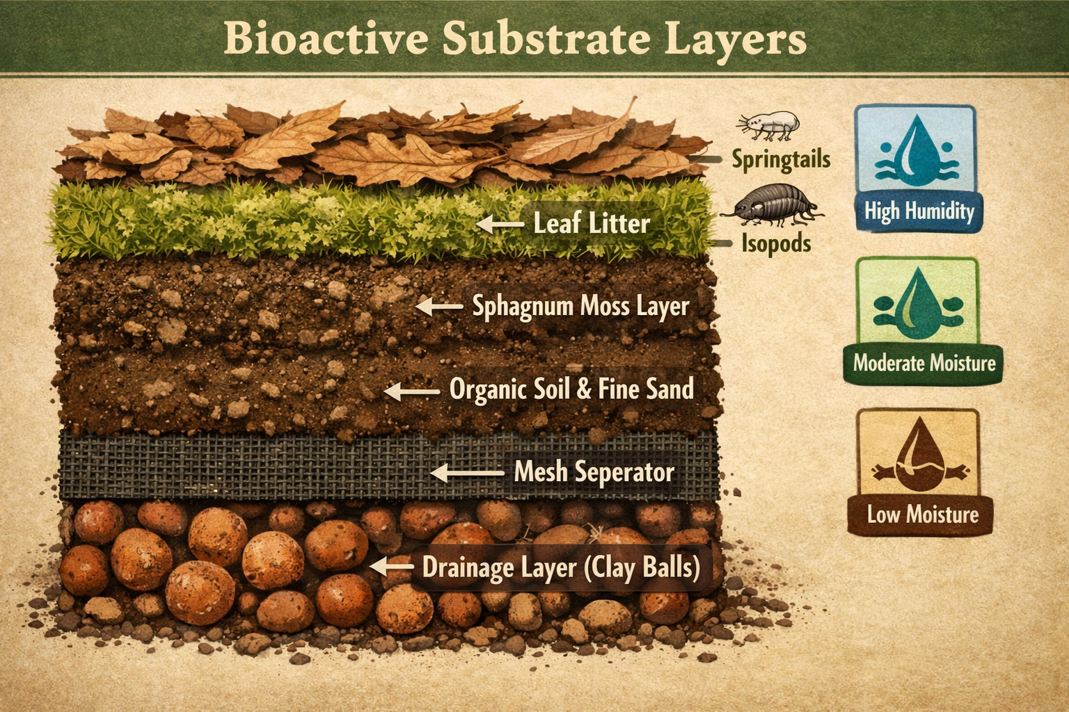 Landscape format (1536x1024) bioactive substrate layer cross-section diagram showing detailed soil composition from bottom to top: drainage