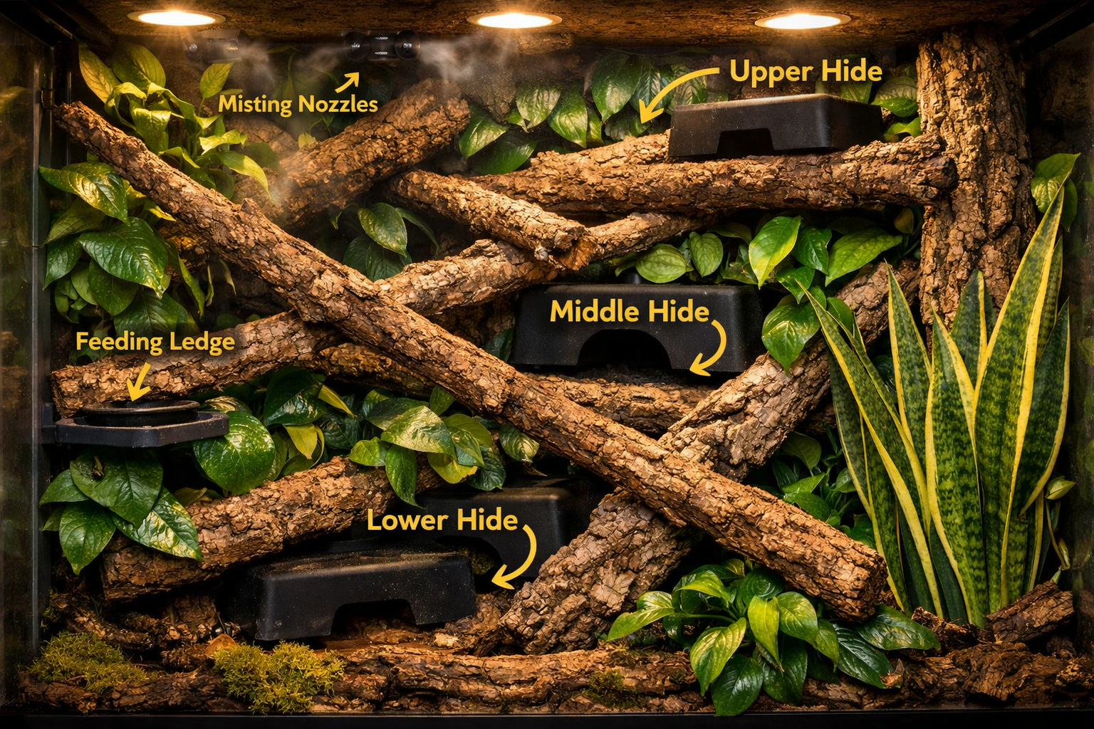 Landscape format (1536x1024) detailed habitat enrichment setup showing vertical climbing structure arrangement: cork bark branches positione