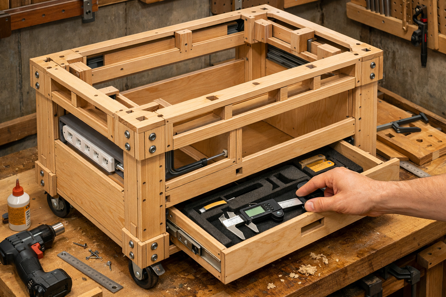 A detailed, isometric view of a smart woodworking tool cart framework in a workshop setting, highlighting the robust joinery