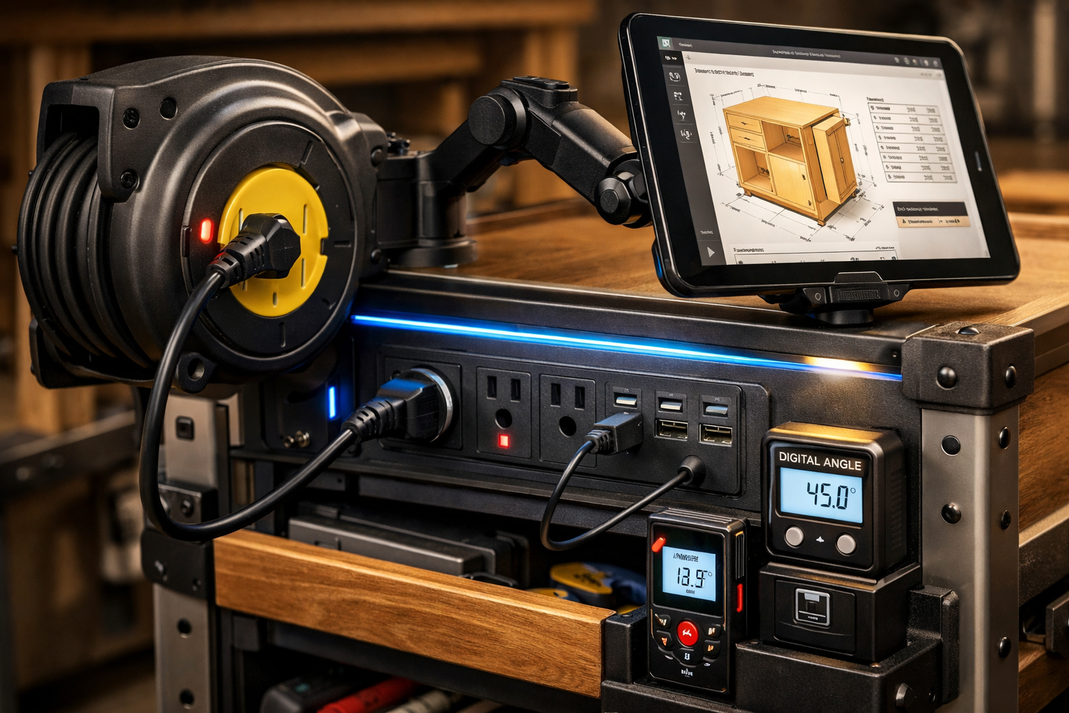 A close-up, dynamic shot focusing on the integrated power solutions and digital measuring tools on a fully assembled smart