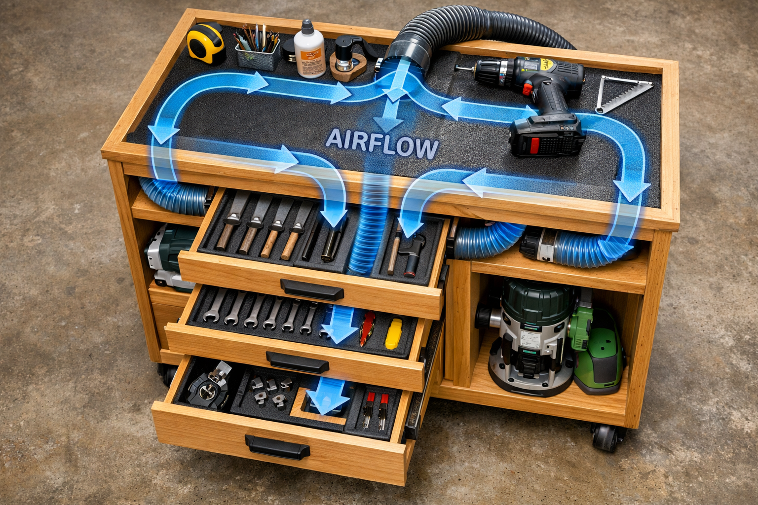 An overhead perspective of a smart woodworking tool cart, showcasing its optimized storage solutions with various tools