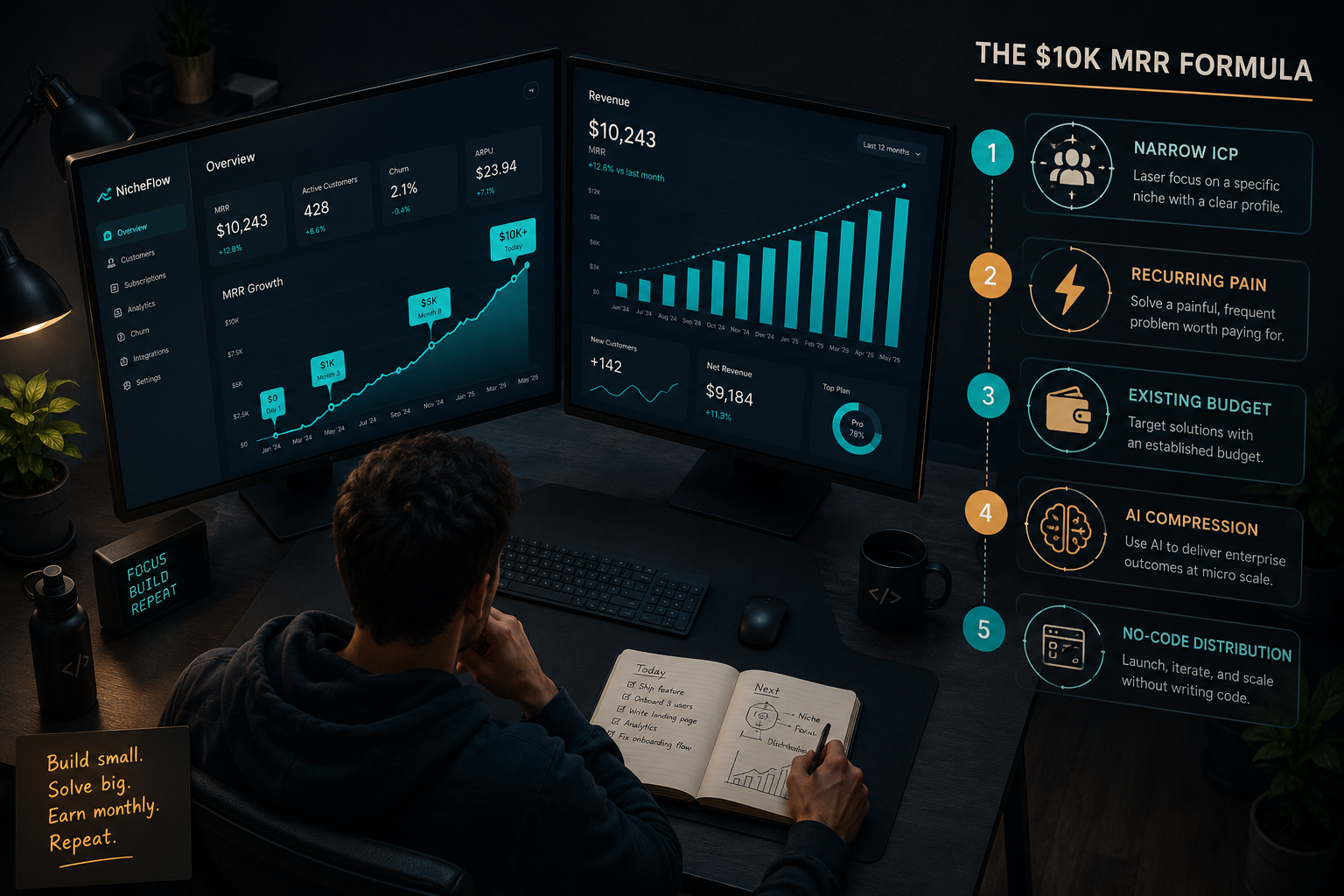 a solo founder at a minimal desk with dual monitors displaying niche SaaS