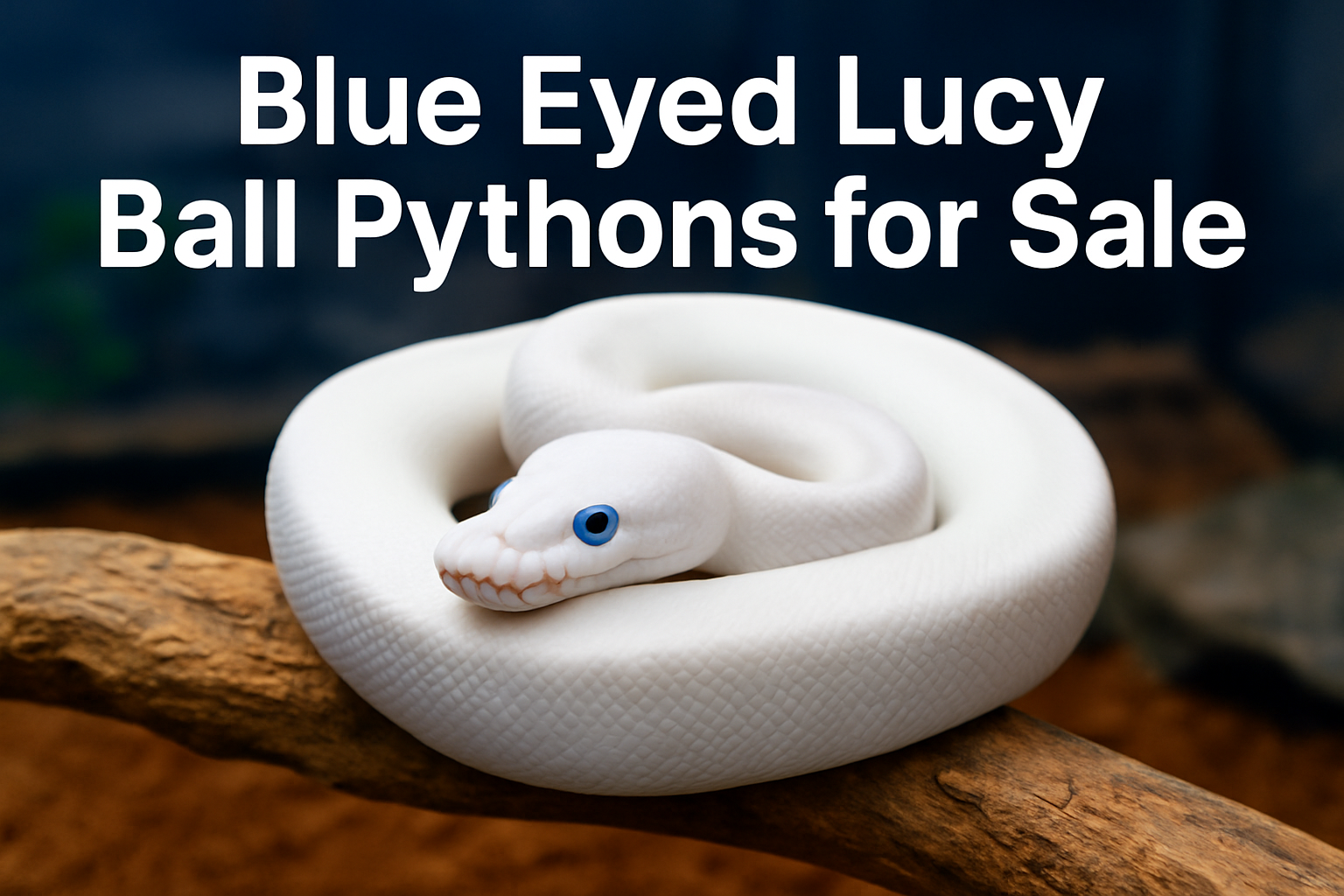 Professional landscape hero image (1536x1024) featuring stunning blue eyed leucistic ball python coiled elegantly on natural wood branch, pr