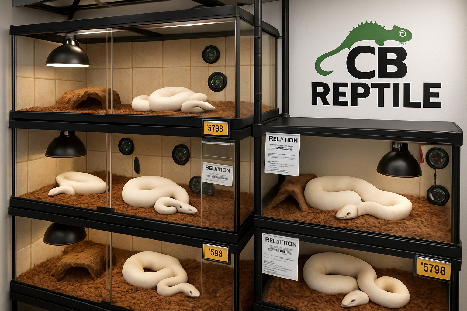 Professional reptile breeding facility interior showing multiple terrarium setups specifically designed for ball pythons, with focus on blue