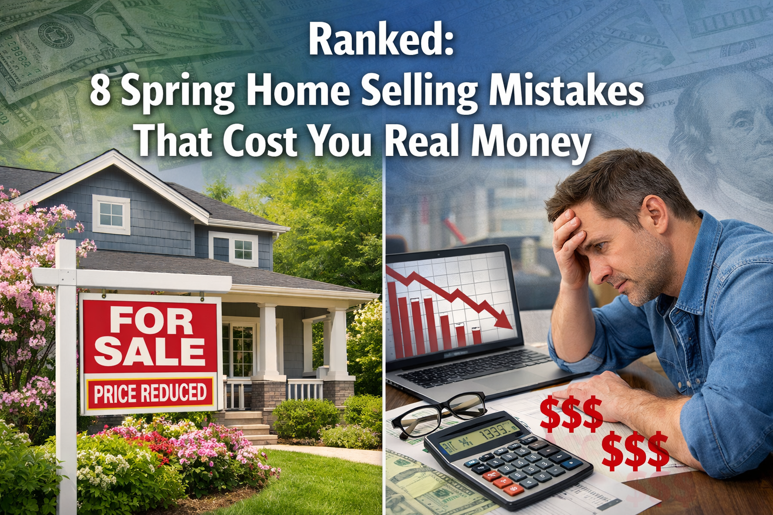 Professional landscape format (1536x1024) editorial hero image with bold text overlay 'Ranked: 8 Spring Home Selling Mistakes That Cost You