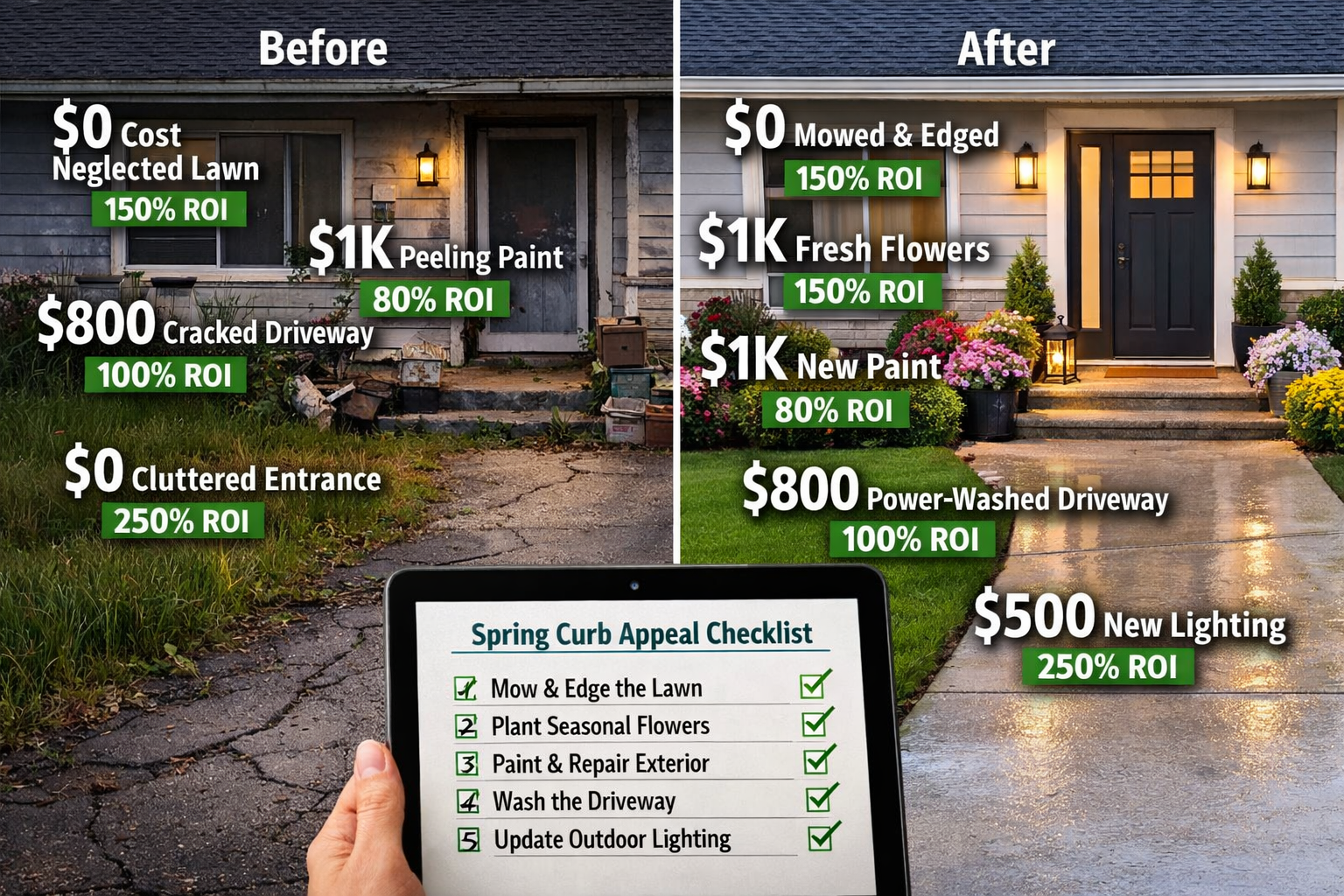 Landscape format (1536x1024) before-and-after comparison split screen: left side shows home exterior with overgrown lawn, peeling paint, cra