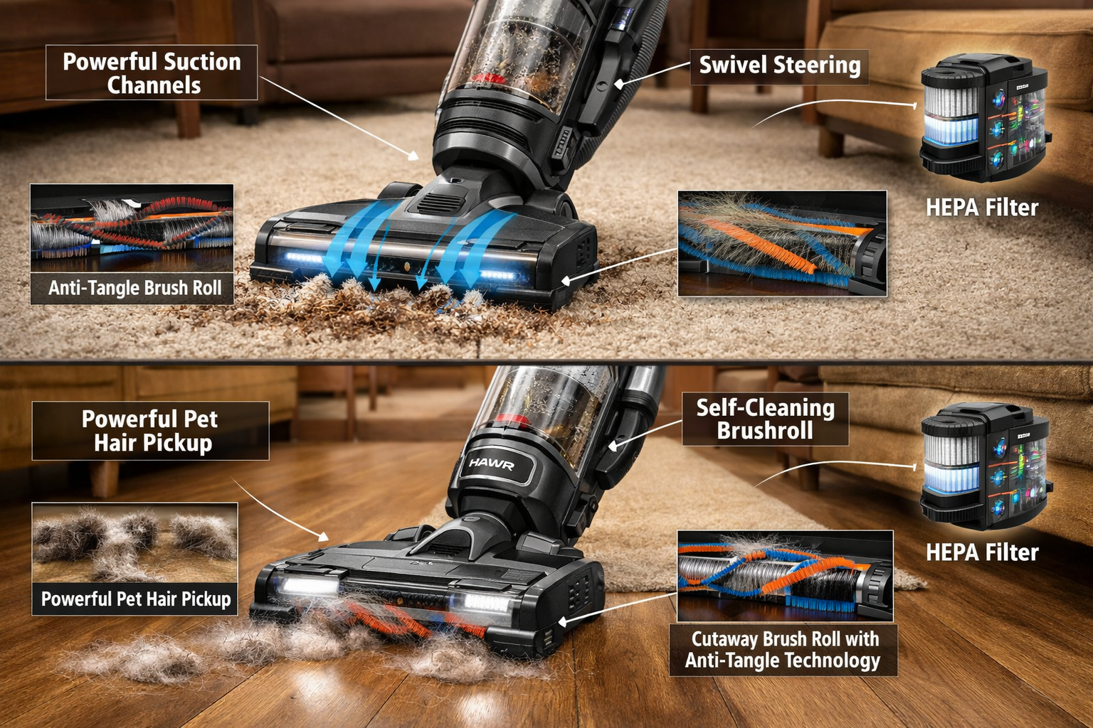 Hoover vs Shark Vacuum Landscape format (1536x1024) realistic home cleaning scenario showing both vacuum brands in action across different surfaces. Top half displ