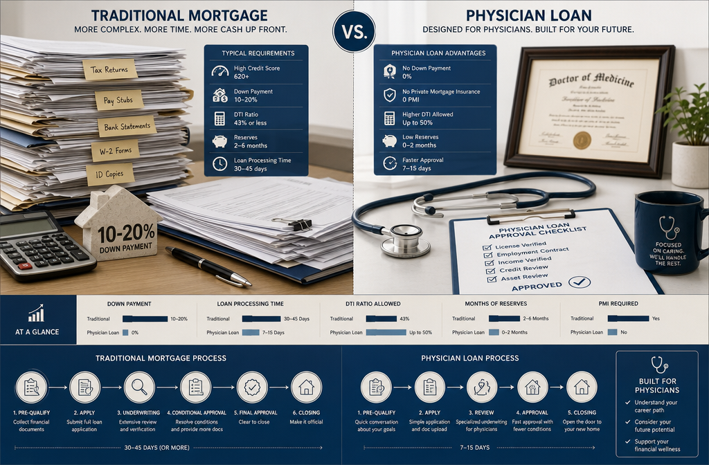 () editorial illustration showing a split-screen comparison: left side displays a traditional mortgage application with