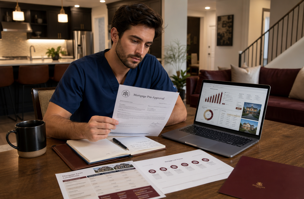 () editorial image showing a medical resident in scrubs reviewing a mortgage pre-approval letter at a kitchen table in a