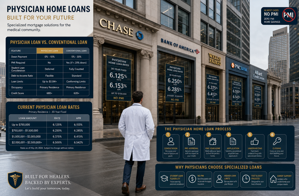 () wide-angle editorial shot of a row of major bank buildings and credit union facades with small physician loan rate boards