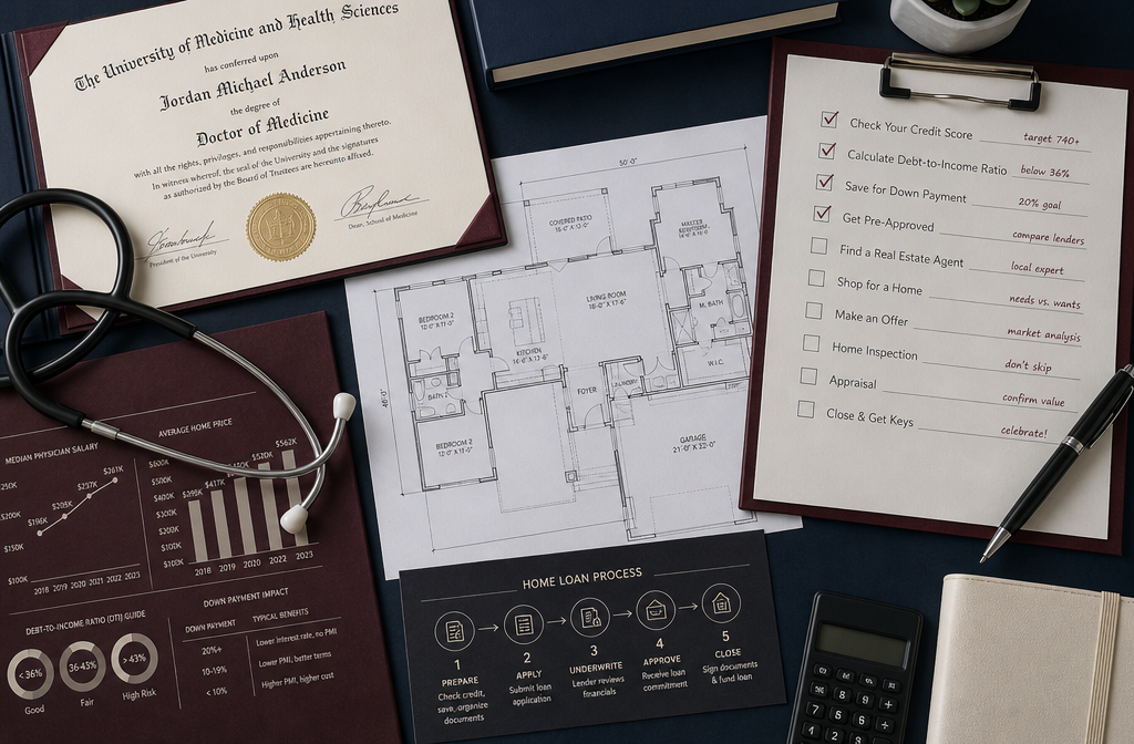 () editorial flat-lay concept image showing a medical school diploma, stethoscope, house blueprint, mortgage application