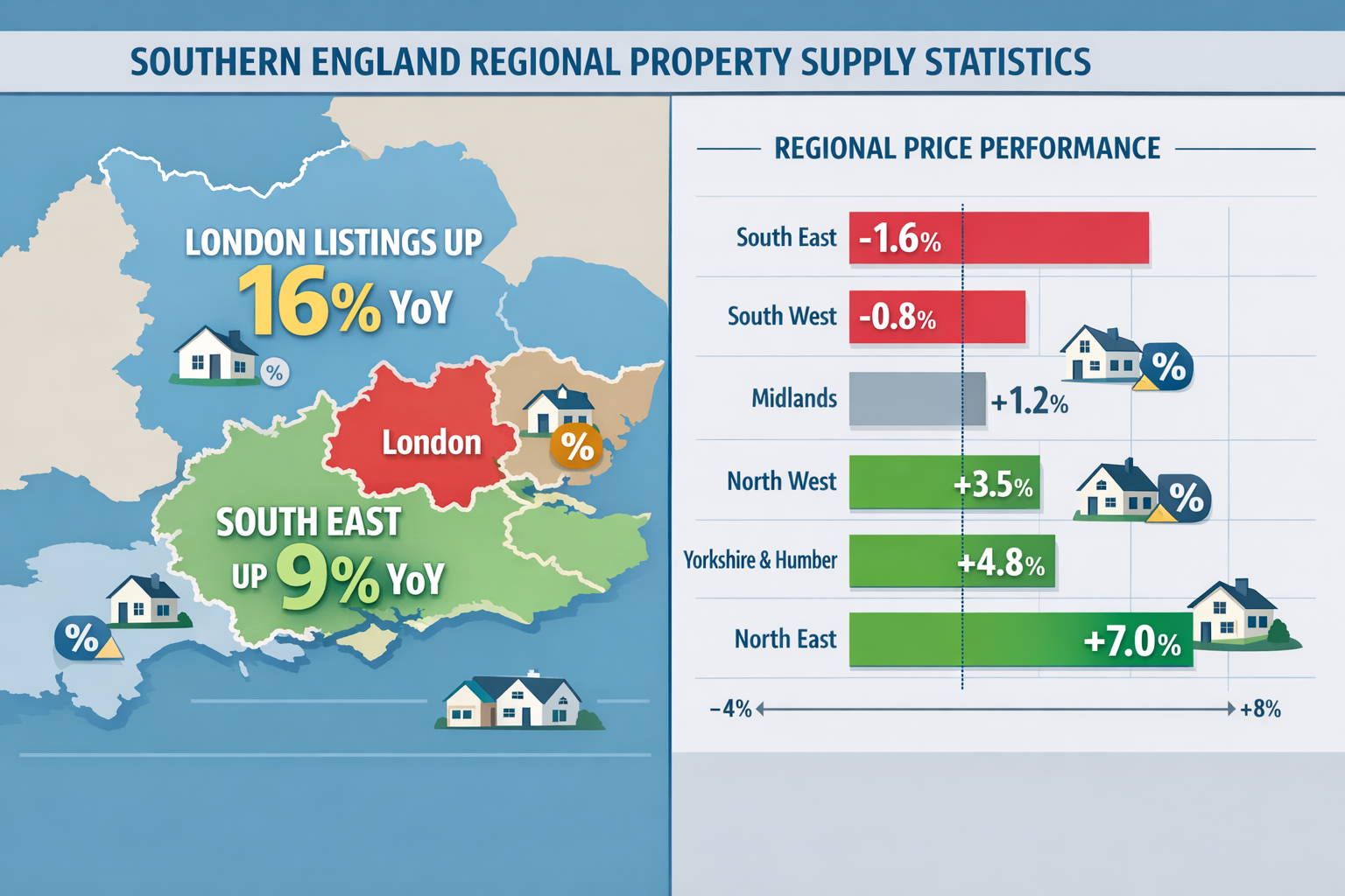 () detailed infographic showing Southern England regional property supply statistics with split-screen composition. Left
