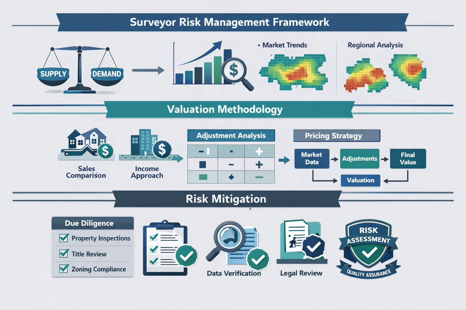 () strategic planning visualization showing surveyor risk management framework as layered horizontal workflow diagram. Top