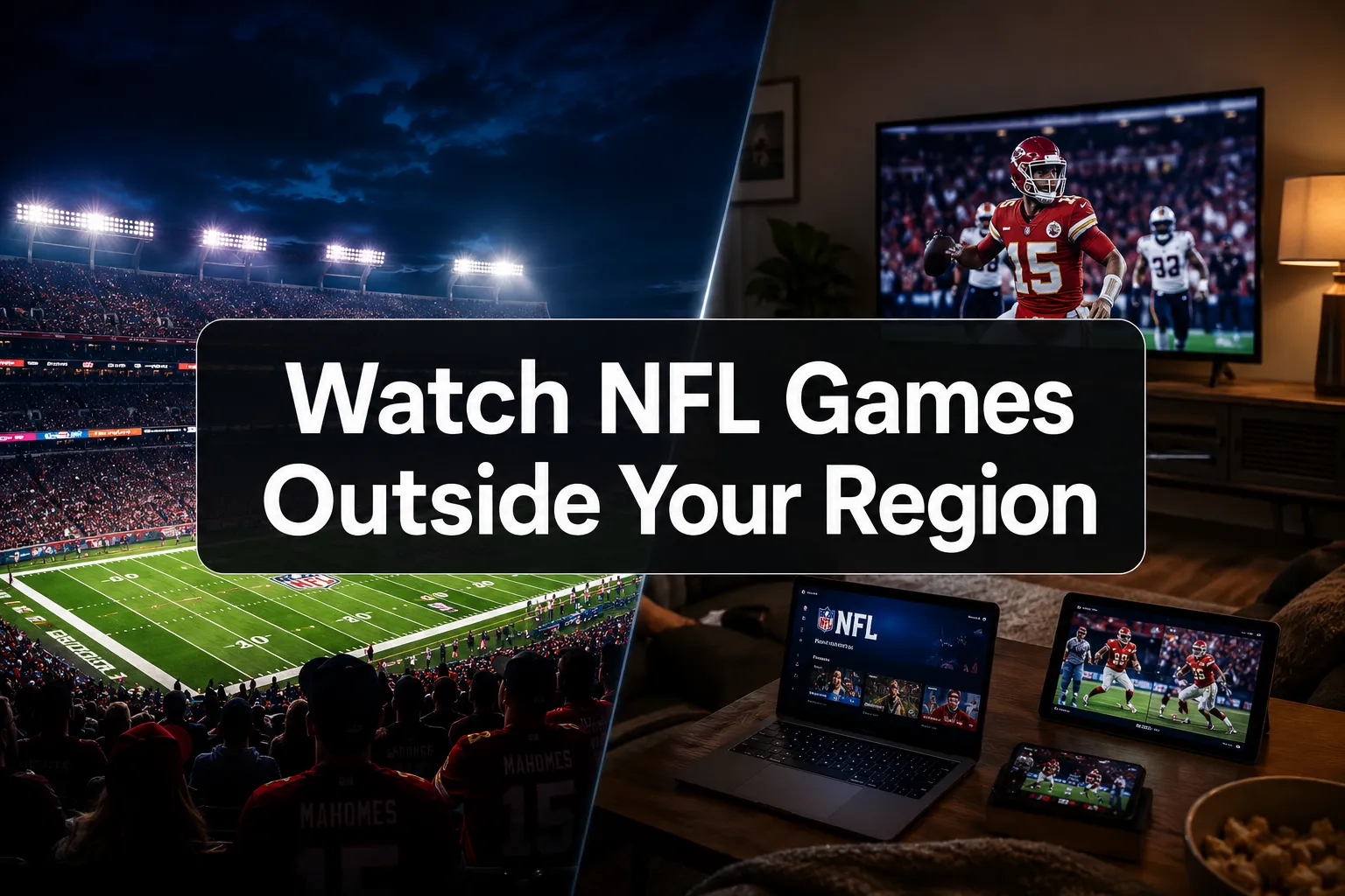 Professional () hero image with 'Watch NFL Games Outside Your Region' in crisp white on a dark semi-transparent panel,