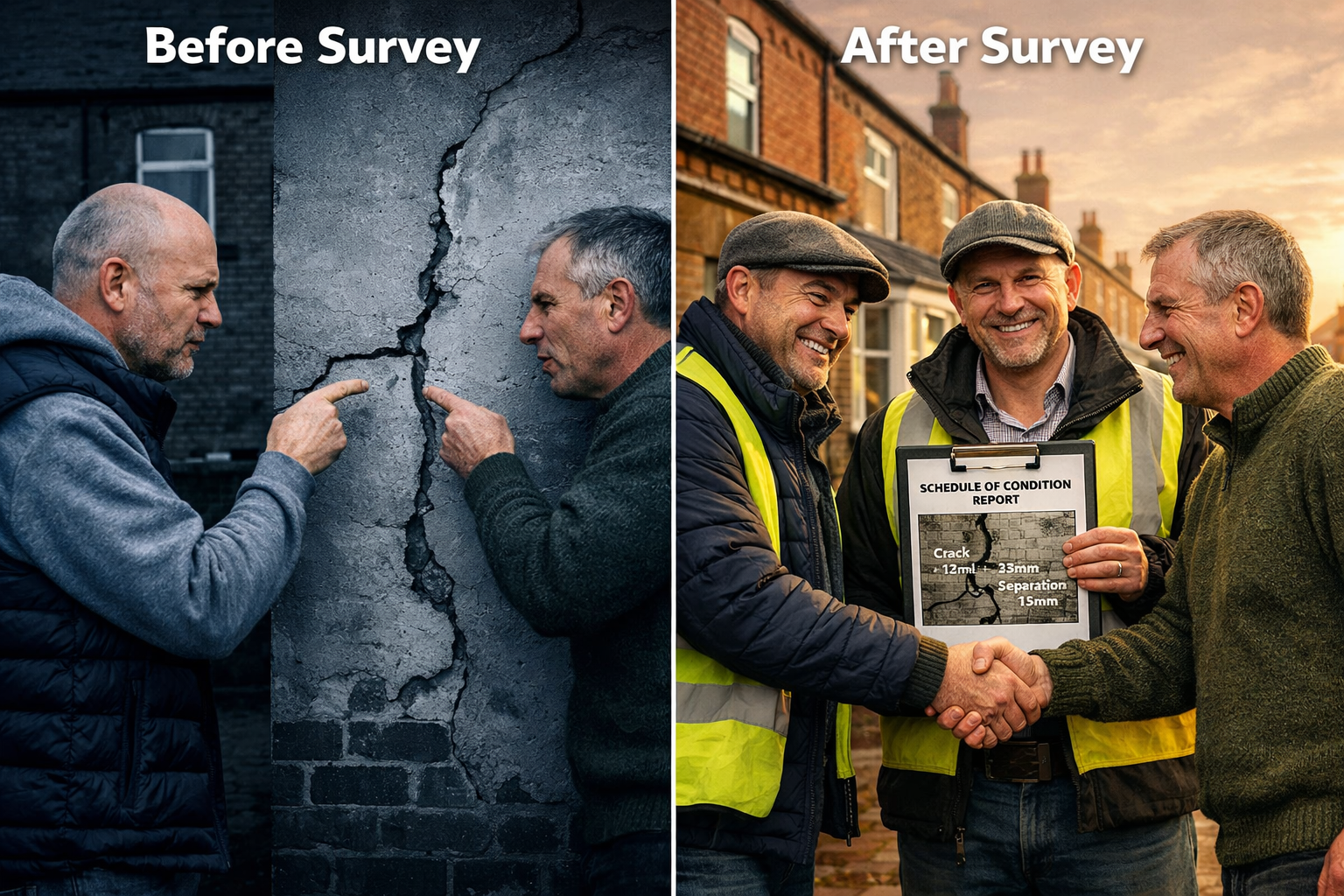 () split-screen comparison image showing 'Before Survey' and 'After Survey' scenarios. Left side depicts two neighbors in