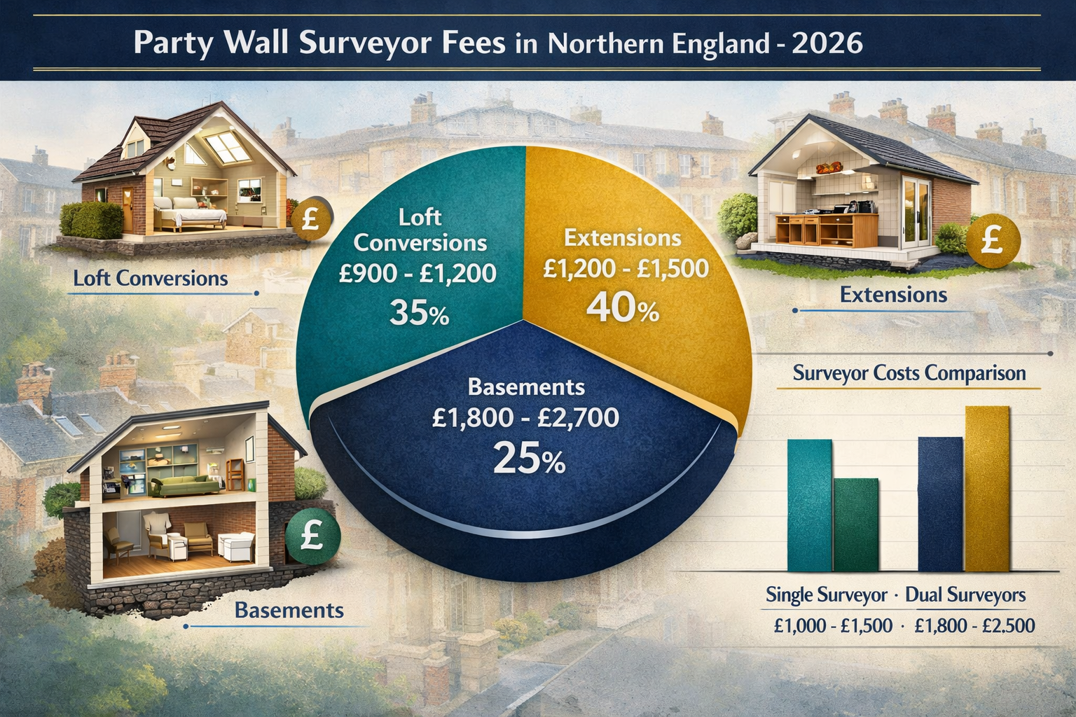 () detailed cost breakdown visualization showing party wall surveyor fees across Northern England in 2026. Central pie chart