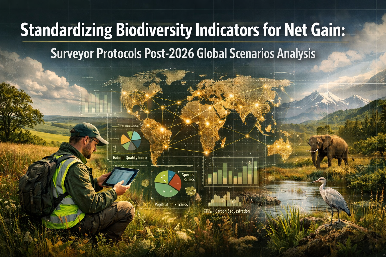 Professional landscape format (1536x1024) hero image featuring bold text overlay 'Standardizing Biodiversity Indicators for Net Gain: Survey