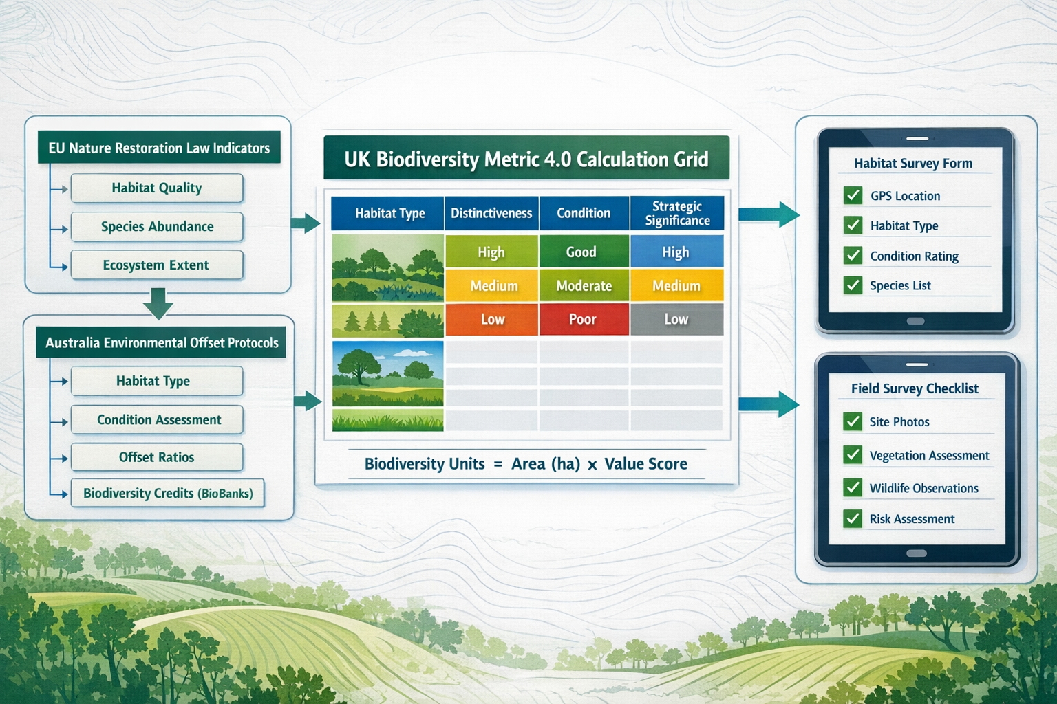 Detailed landscape format (1536x1024) illustration showing comparative biodiversity indicator frameworks from multiple countries displayed a
