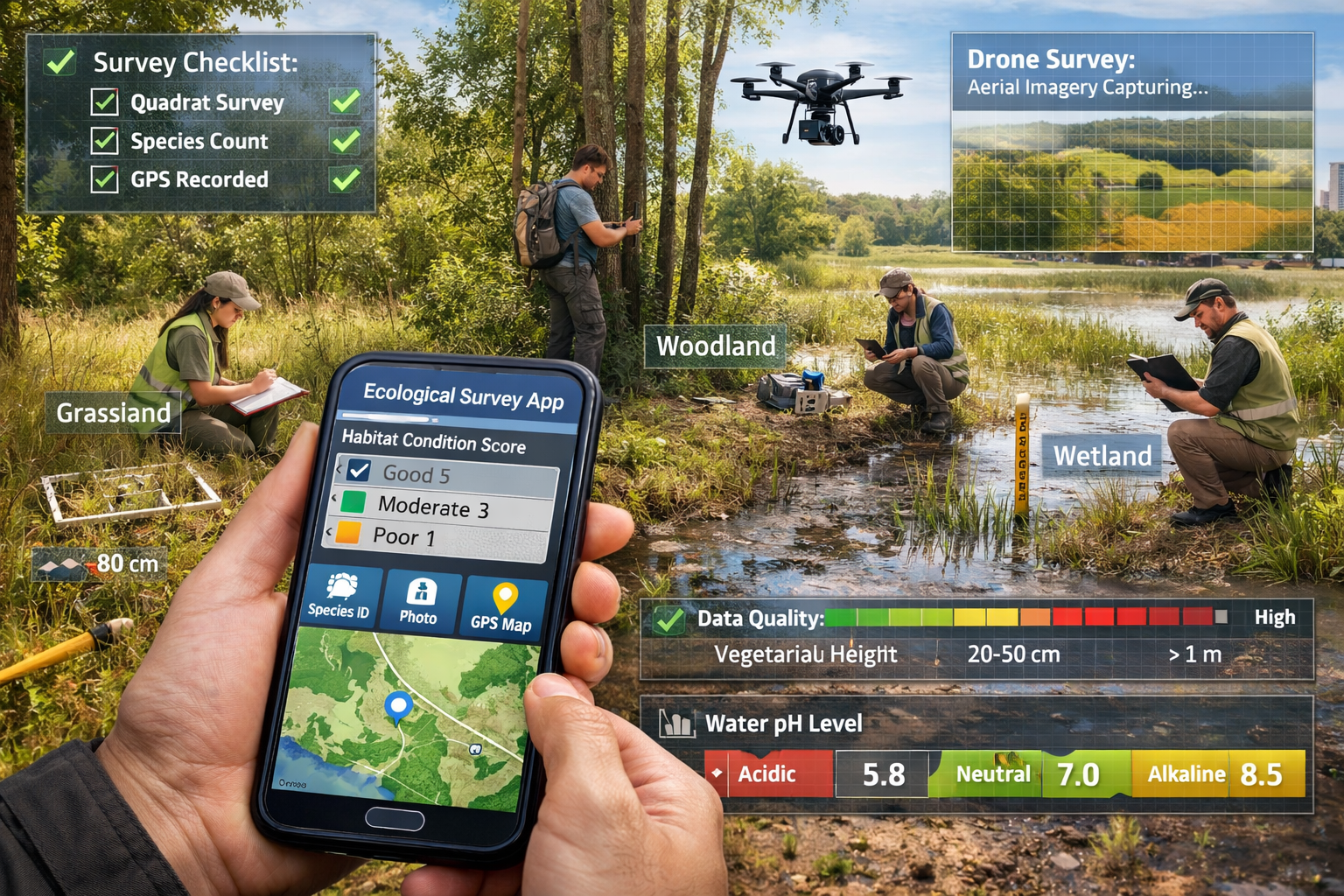 Detailed landscape format (1536x1024) scene of professional ecological surveyors conducting field assessments in diverse habitats. Foregroun