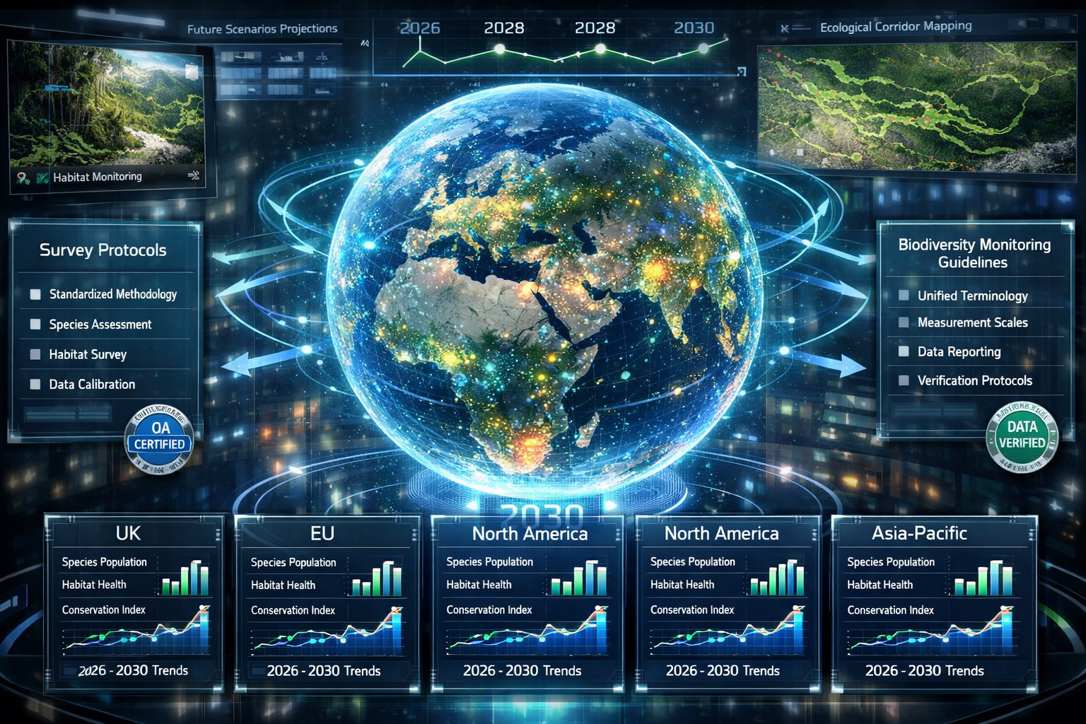 Detailed landscape format (1536x1024) futuristic visualization of post-2026 global biodiversity monitoring network. Center displays three-di