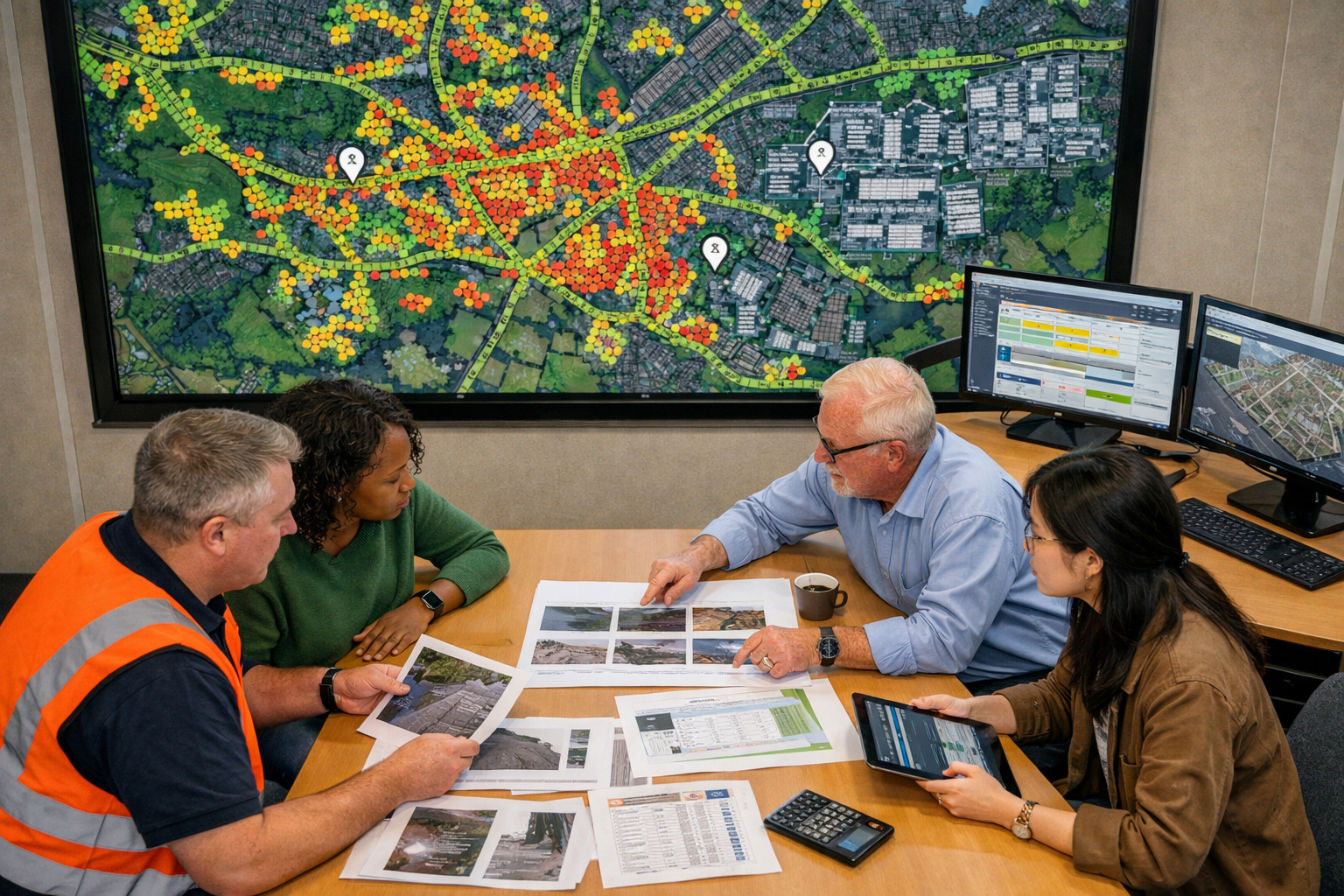 Landscape editorial scene illustrating asset prioritisation for a highways maintenance strategy to reduce reactive spend,