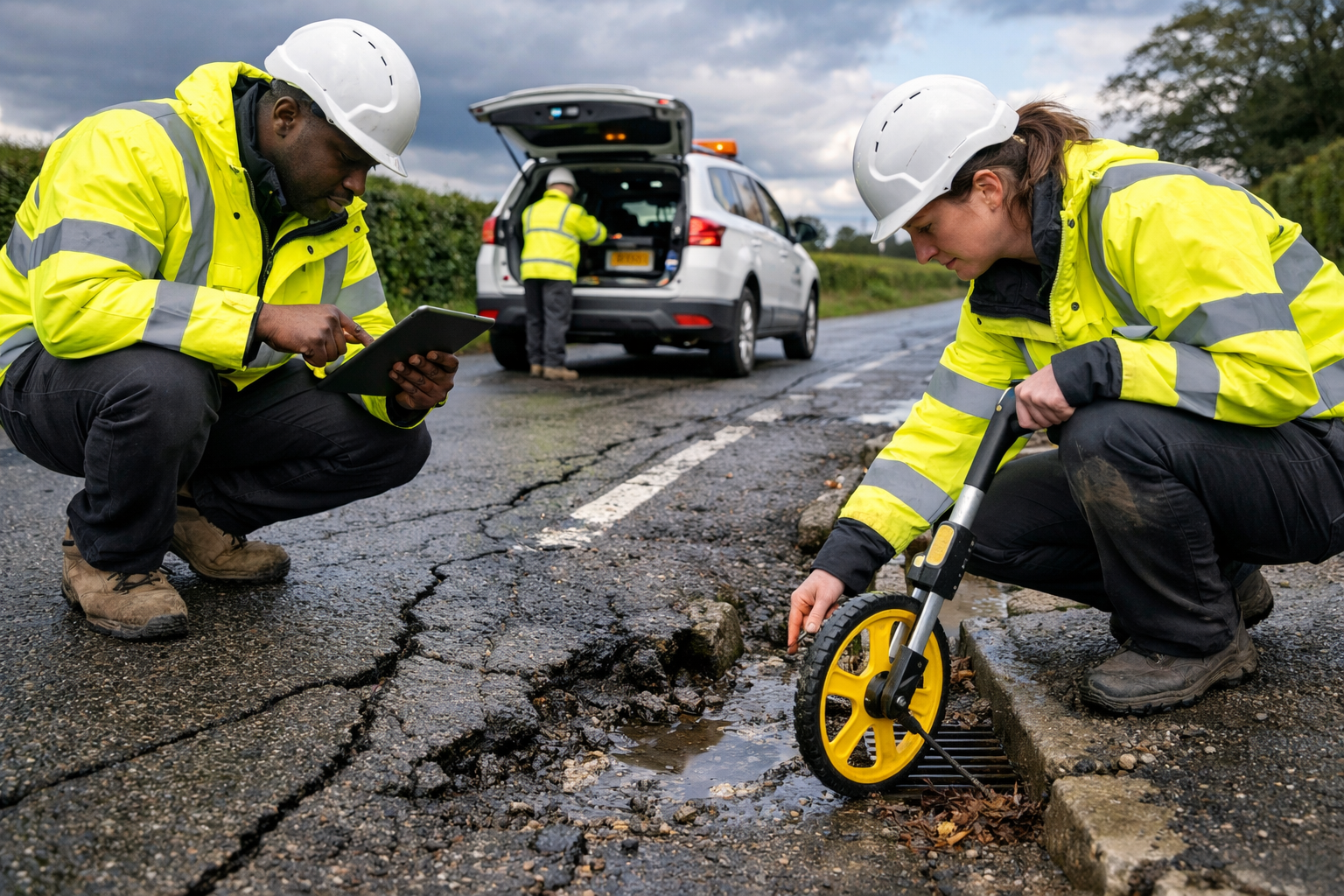 Landscape photo-real editorial image focused on condition surveys and early intervention in a highways maintenance strategy