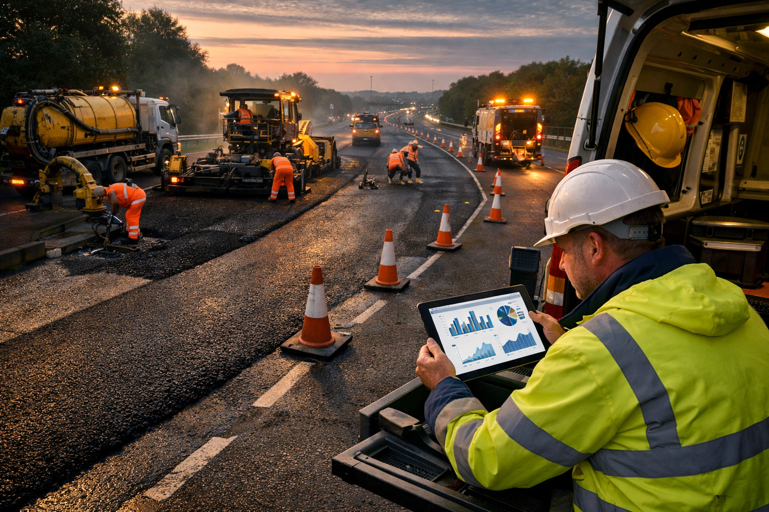 Landscape editorial visual showing delivery planning and performance-based maintenance for a highways maintenance strategy
