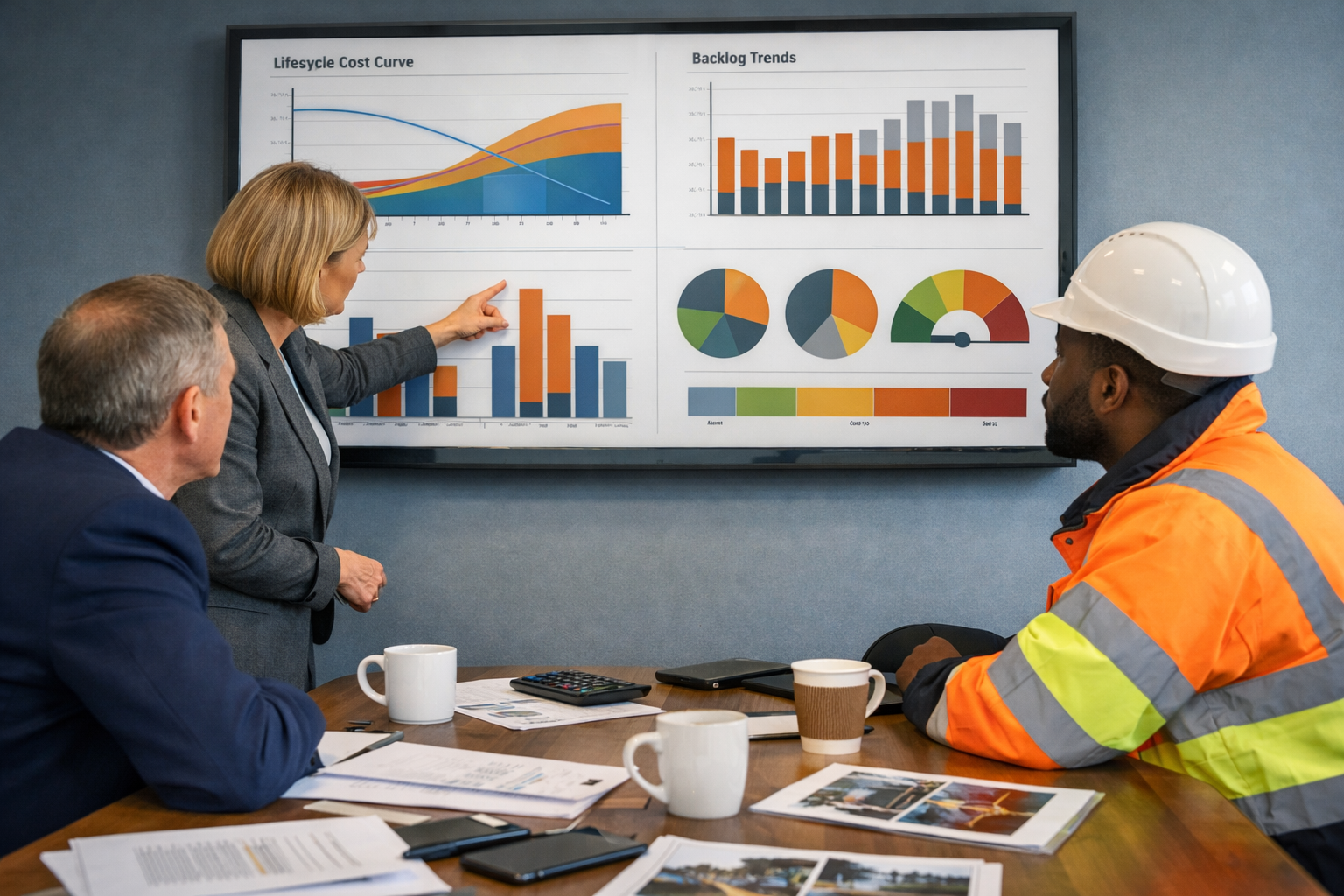 Landscape editorial boardroom-style image about tracking cost, risk, and outcomes in a highways maintenance strategy to
