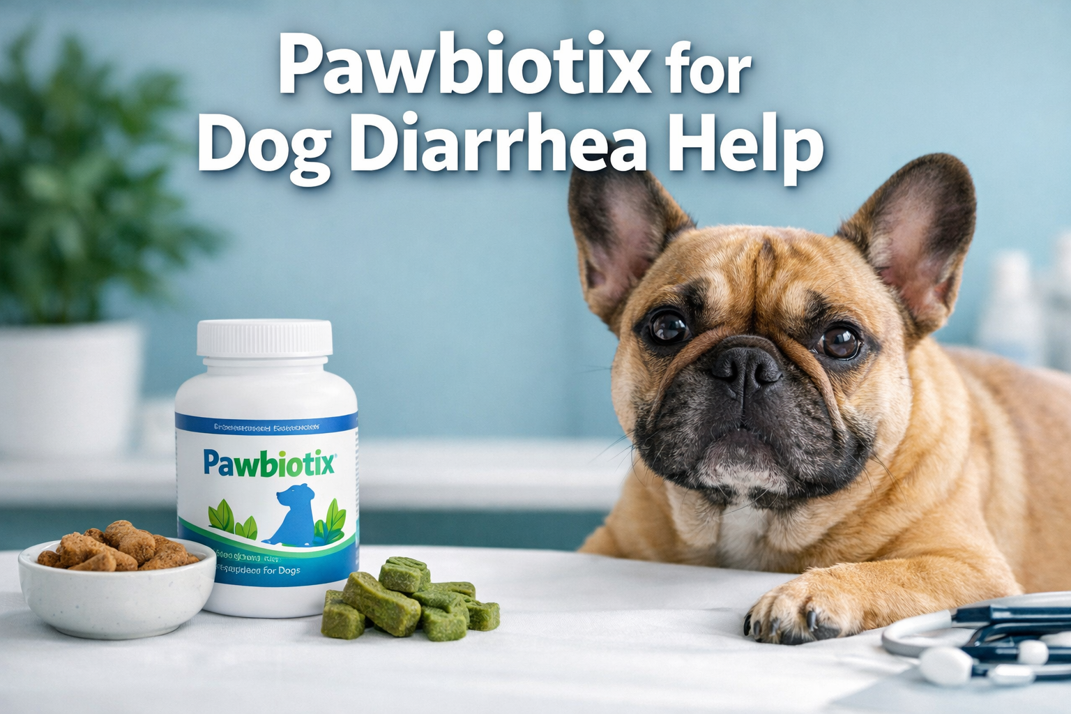 Professional landscape format (1536x1024) hero image featuring bold text overlay 'Pawbiotix for Dog Diarrhea Help' in extra large 72pt white